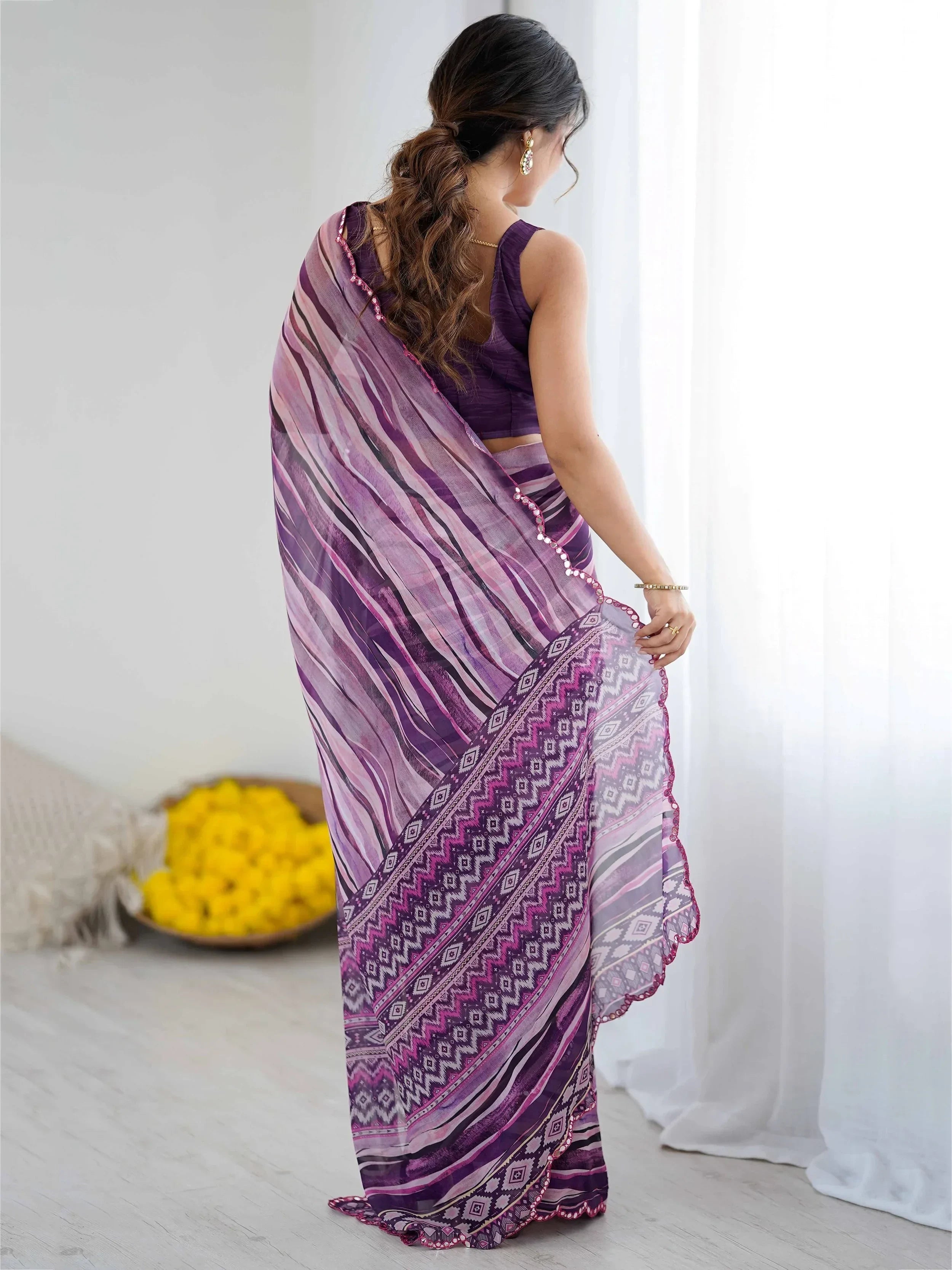 Captivating Purple Printed Georgette Casual Wear Saree With Blouse