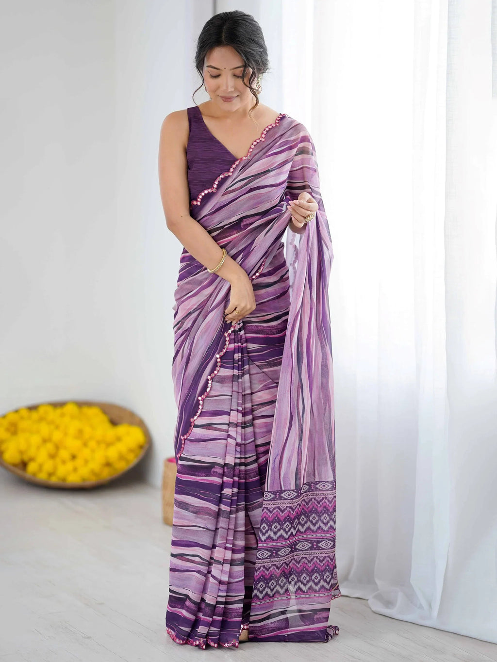 Captivating Purple Printed Georgette Casual Wear Saree With Blouse