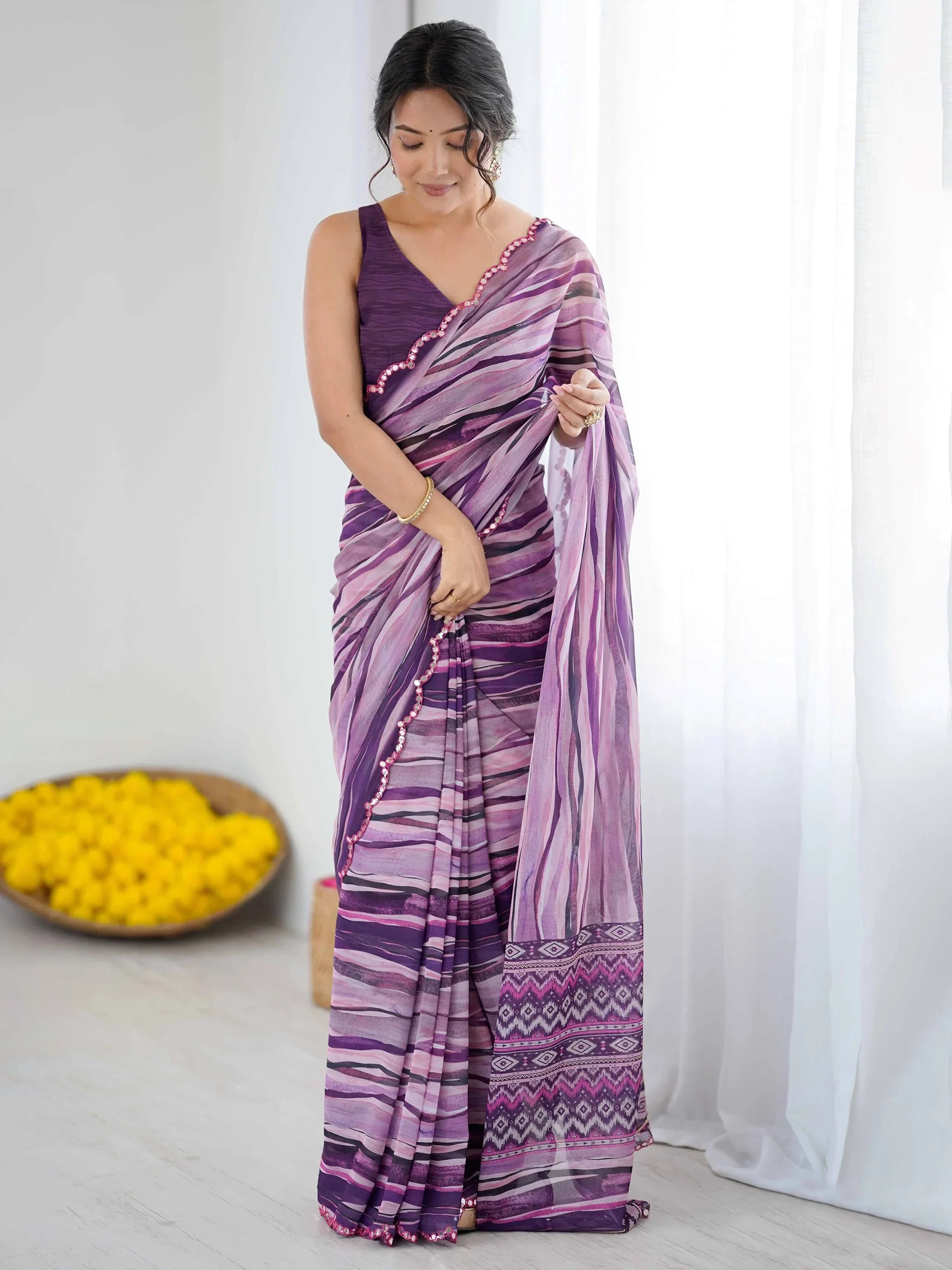 Captivating Purple Printed Georgette Casual Wear Saree With Blouse