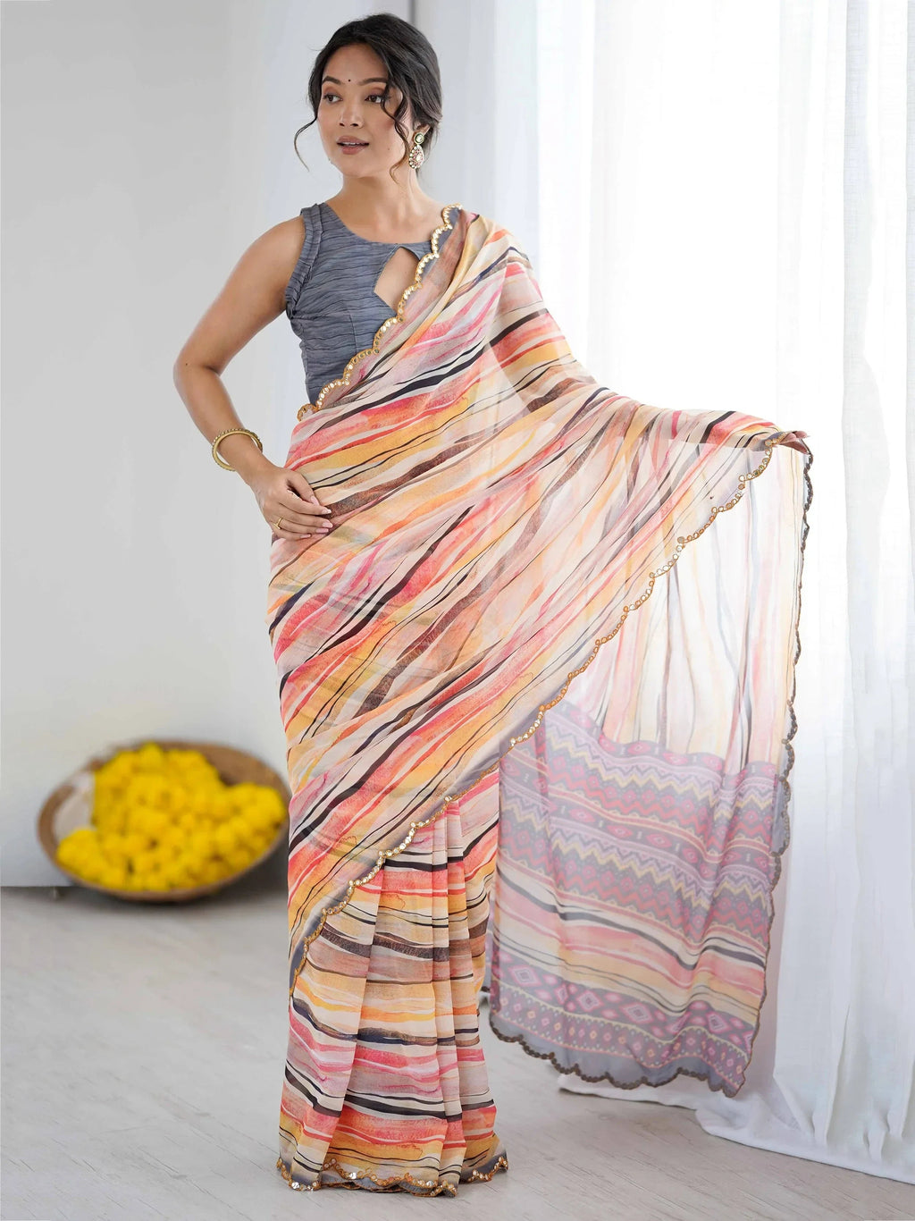 Peach Gorgeous Digital Printed Georgette Party Wear Saree With Blouse