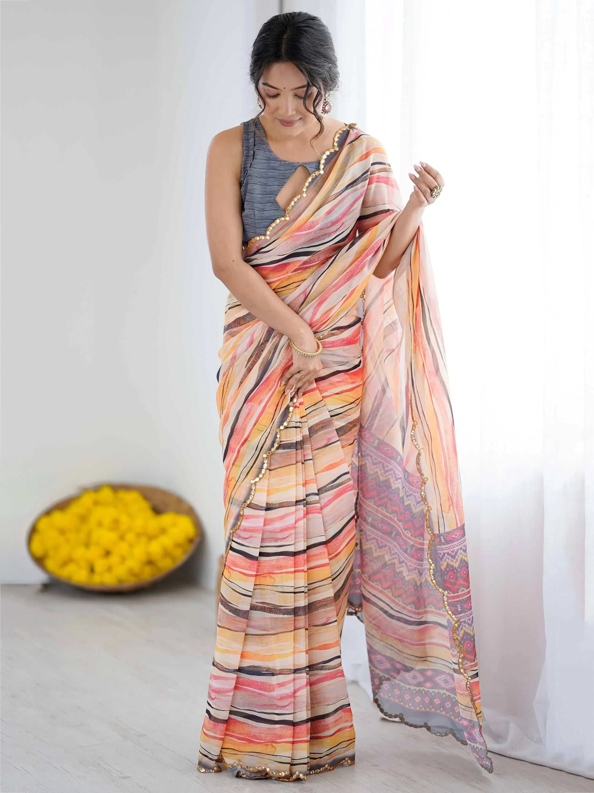 Peach Gorgeous Digital Printed Georgette Party Wear Saree With Blouse