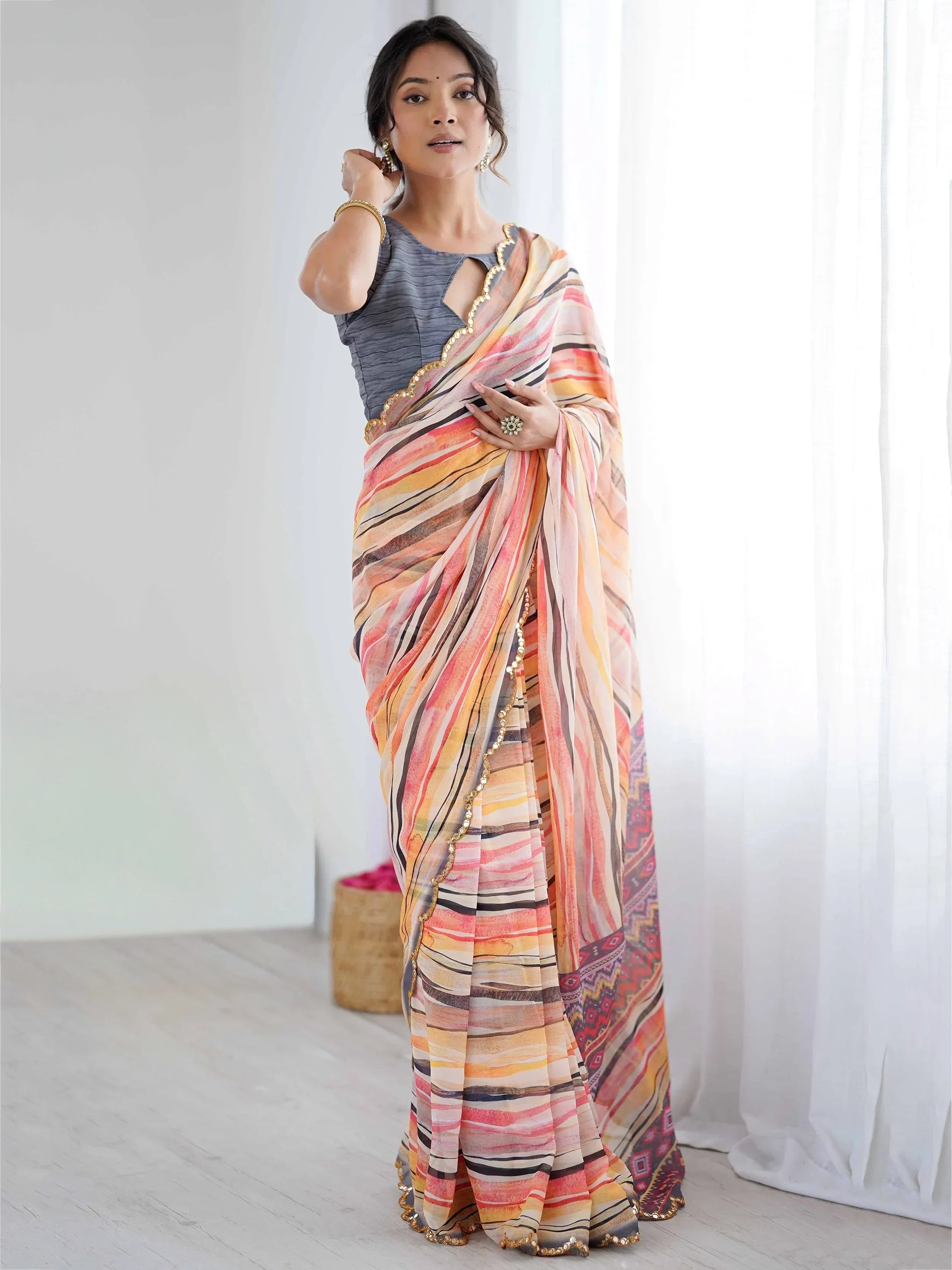 Peach Gorgeous Digital Printed Georgette Party Wear Saree With Blouse
