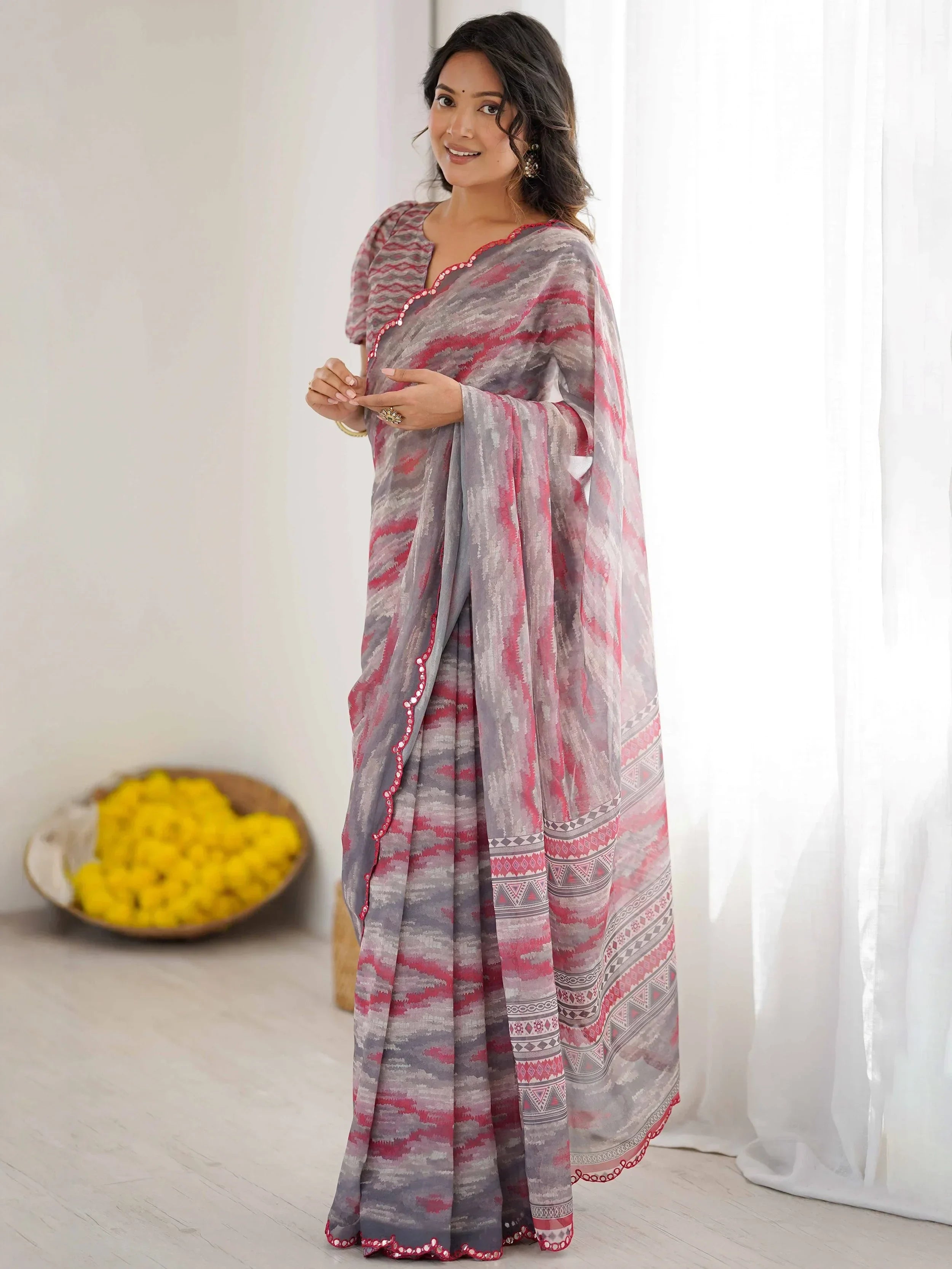 Grey Gorgeous Digital Printed Georgette Party Wear Saree With Blouse