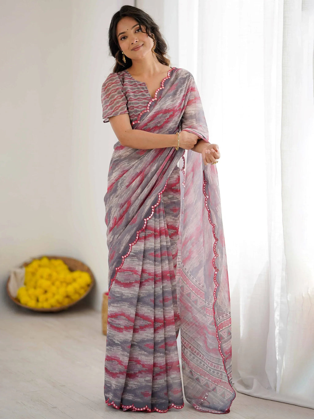 Grey Gorgeous Digital Printed Georgette Party Wear Saree With Blouse