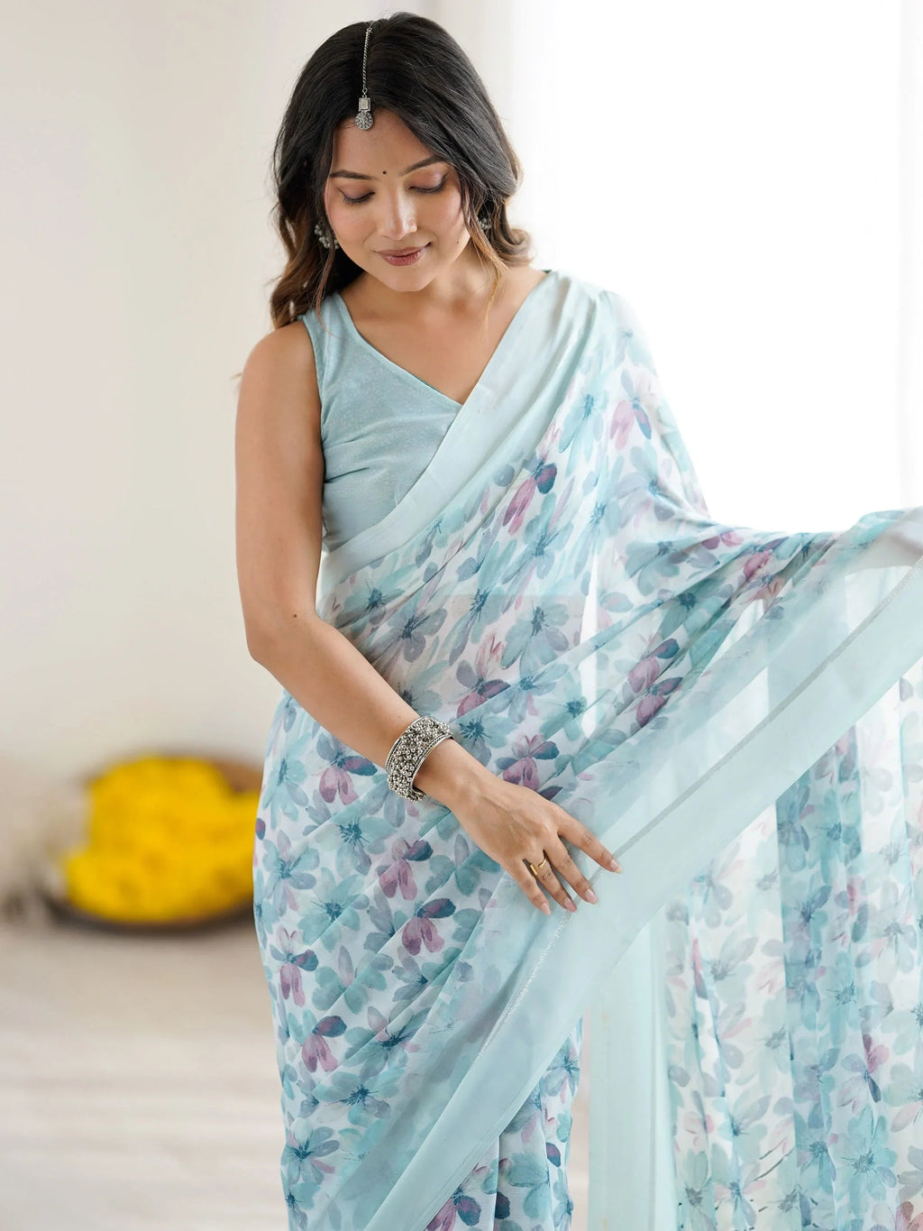 Blue Wonderful Floral Printed Satin Casual Wear Saree With Blouse