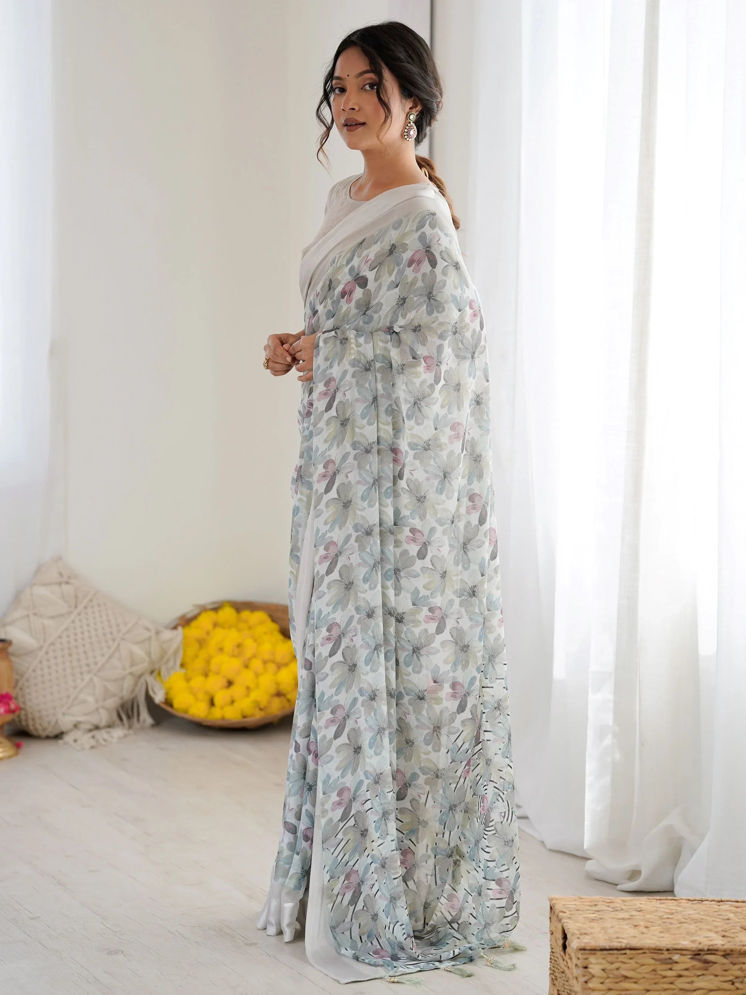 Grey Wonderful Floral Printed Satin Casual Wear Saree With Blouse