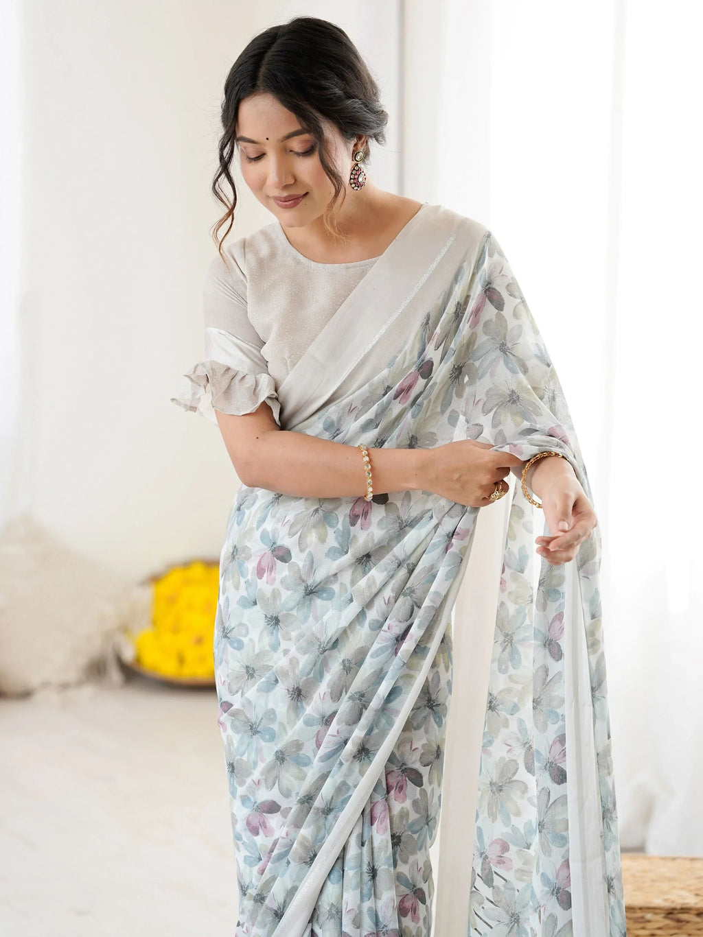 Grey Wonderful Floral Printed Satin Casual Wear Saree With Blouse