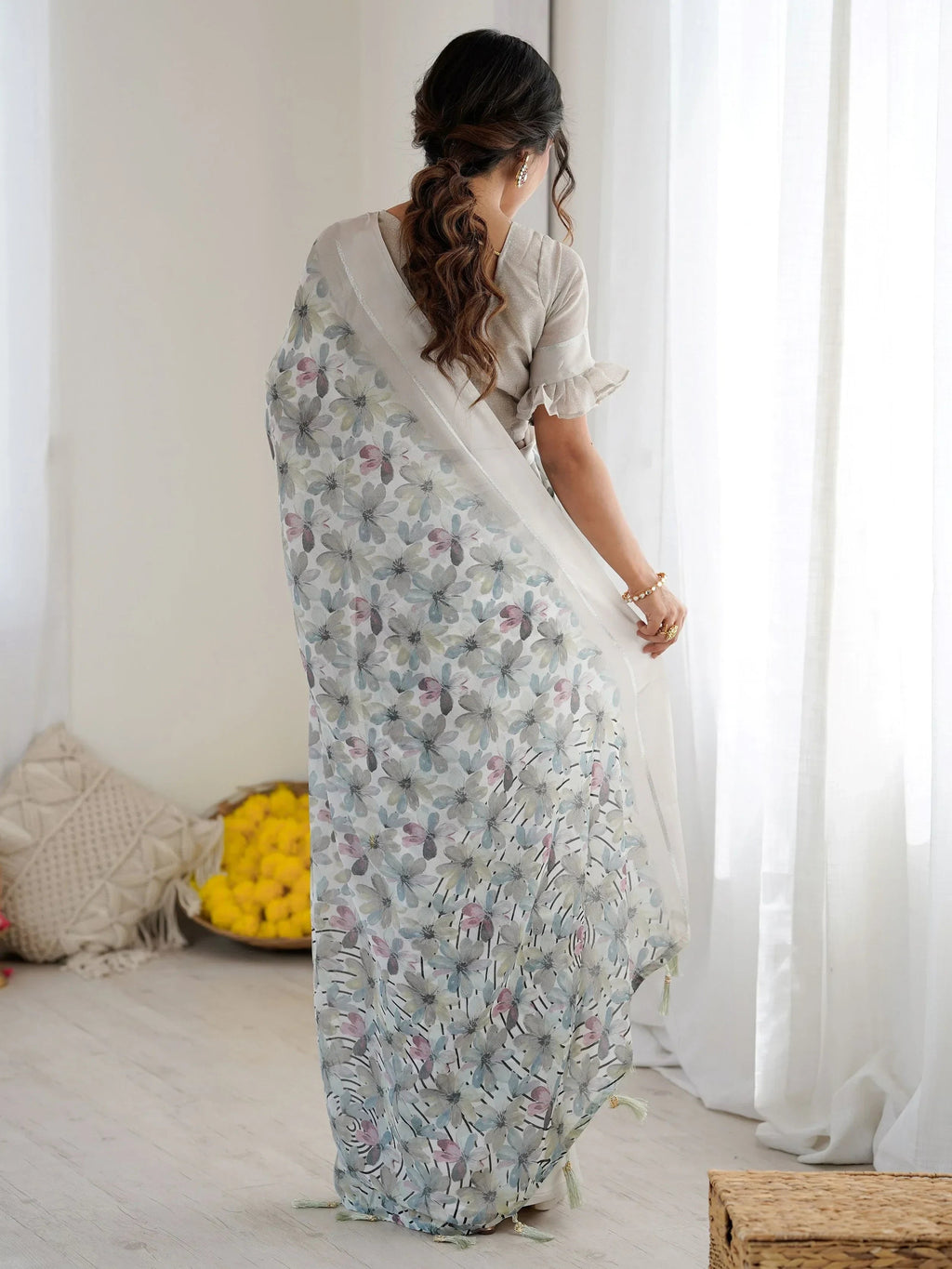 Grey Wonderful Floral Printed Satin Casual Wear Saree With Blouse