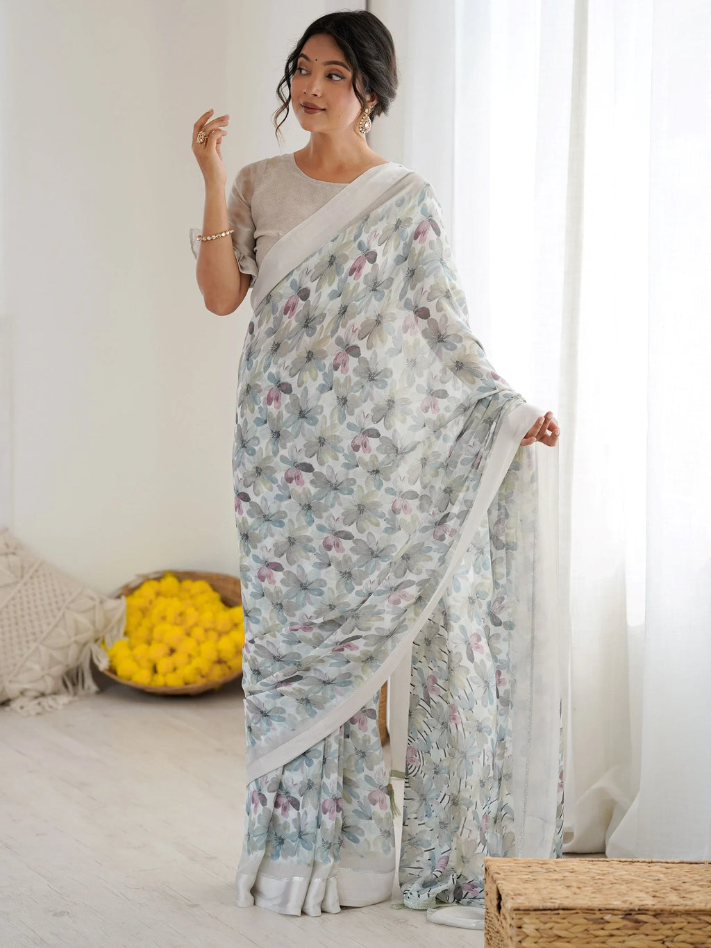 Grey Wonderful Floral Printed Satin Casual Wear Saree With Blouse