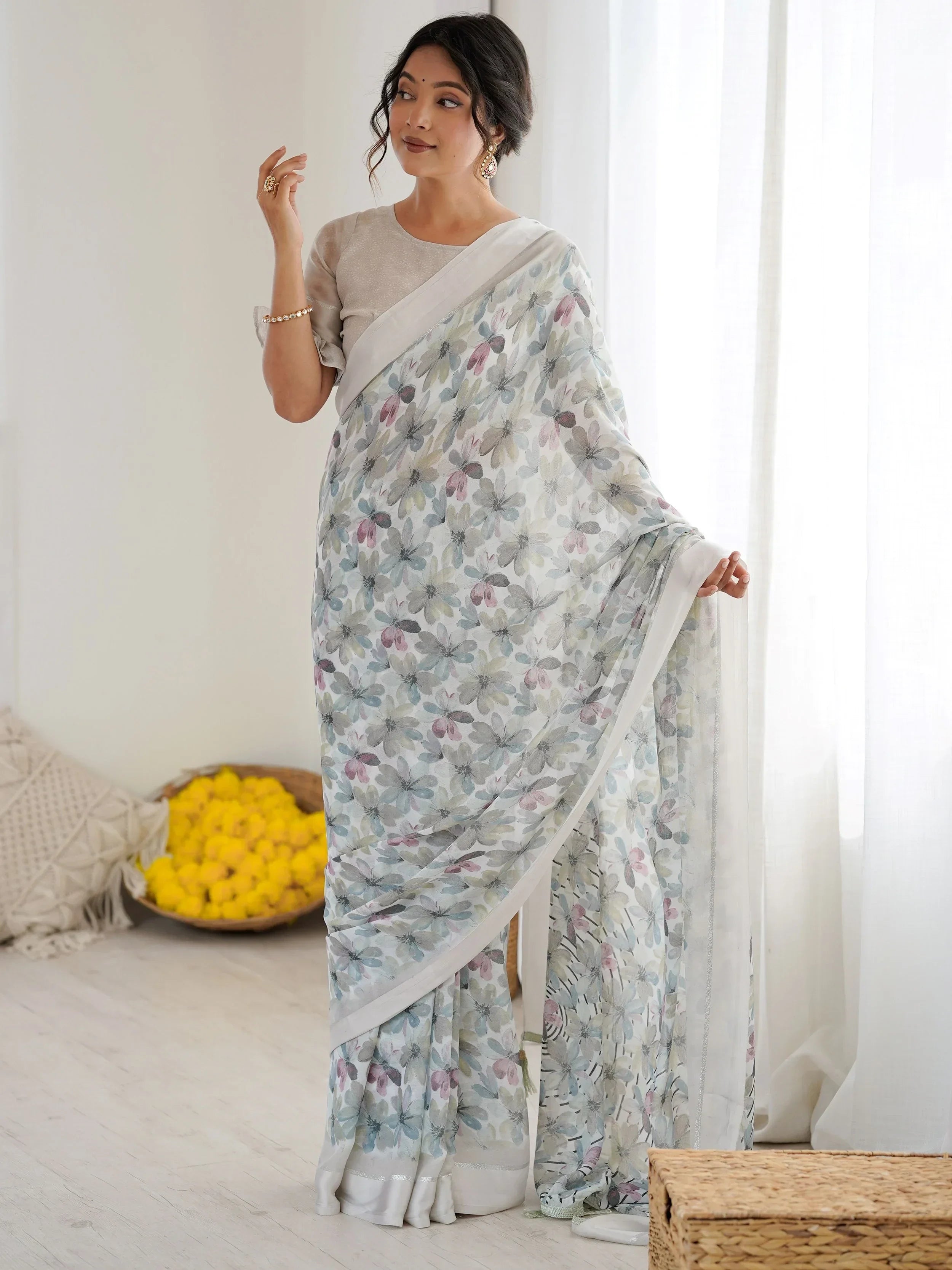 Grey Wonderful Floral Printed Satin Casual Wear Saree With Blouse