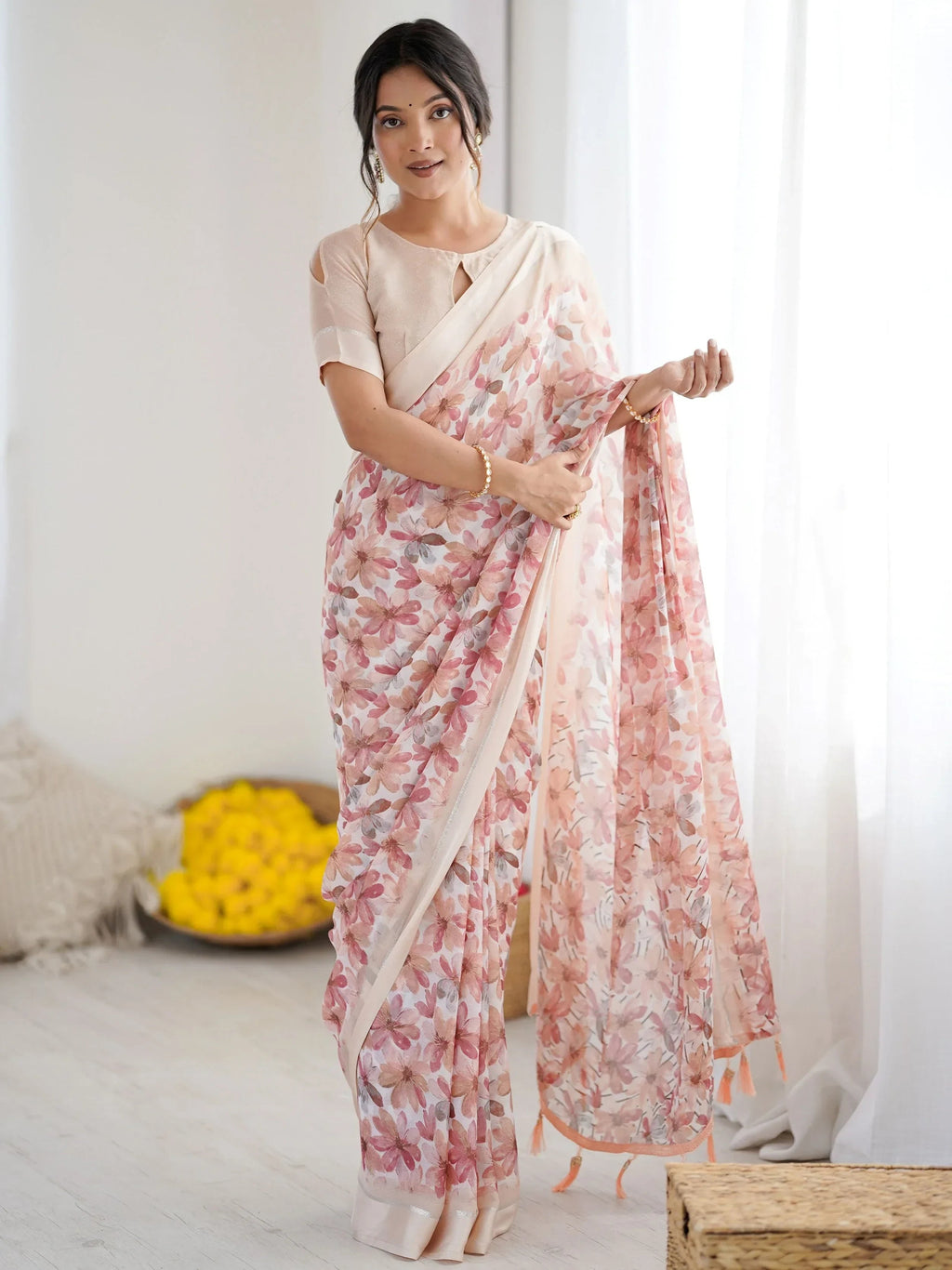 Peach Wonderful Floral Printed Satin Casual Wear Saree With Blouse