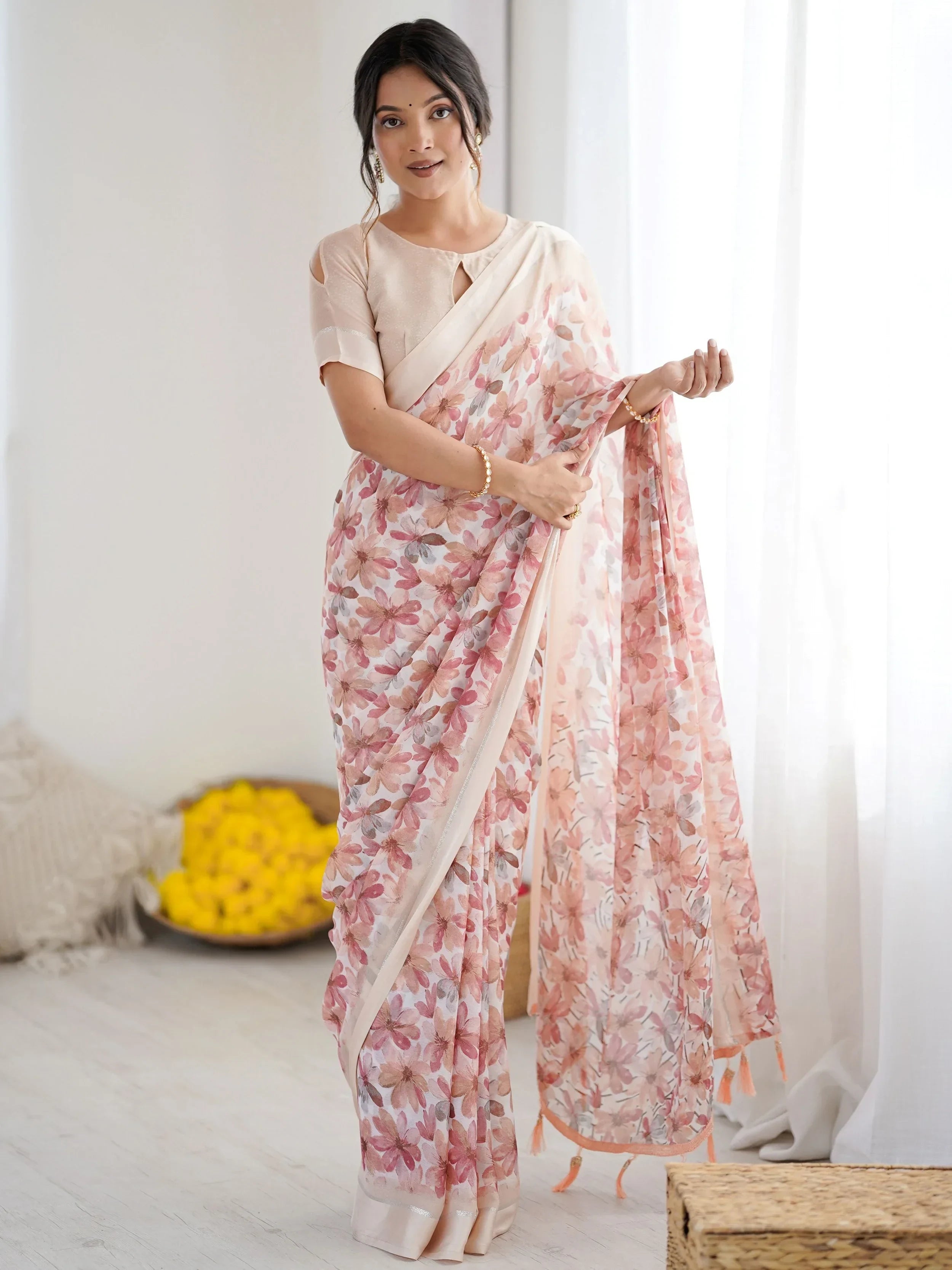 Peach Wonderful Floral Printed Satin Casual Wear Saree With Blouse
