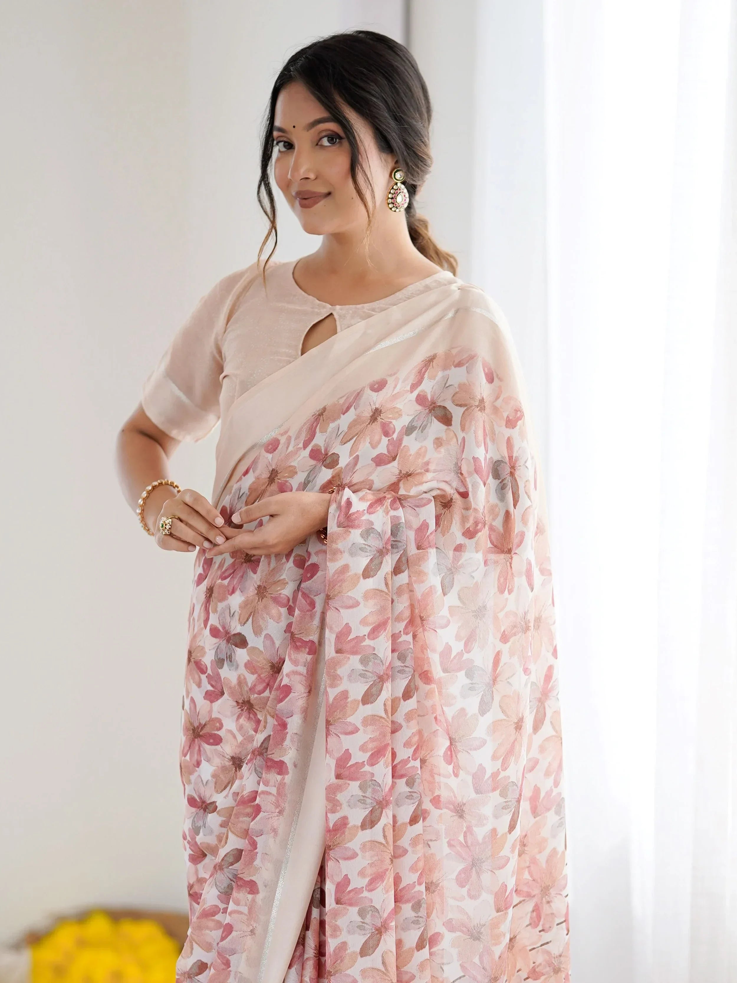 Peach Wonderful Floral Printed Satin Casual Wear Saree With Blouse
