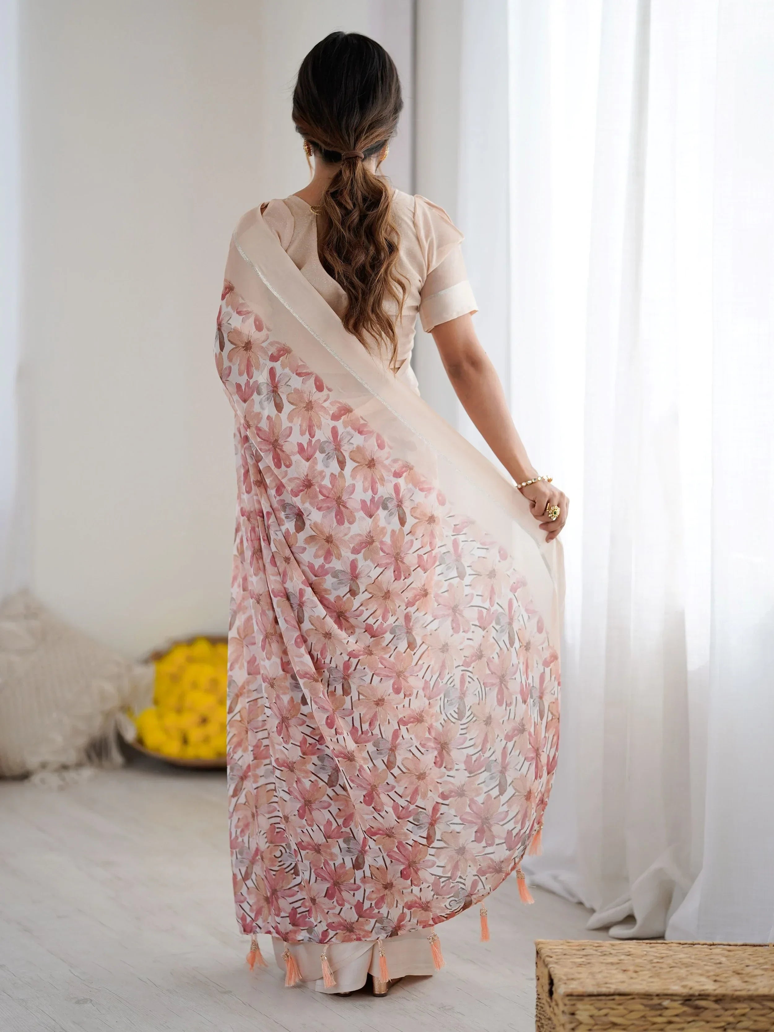 Peach Wonderful Floral Printed Satin Casual Wear Saree With Blouse