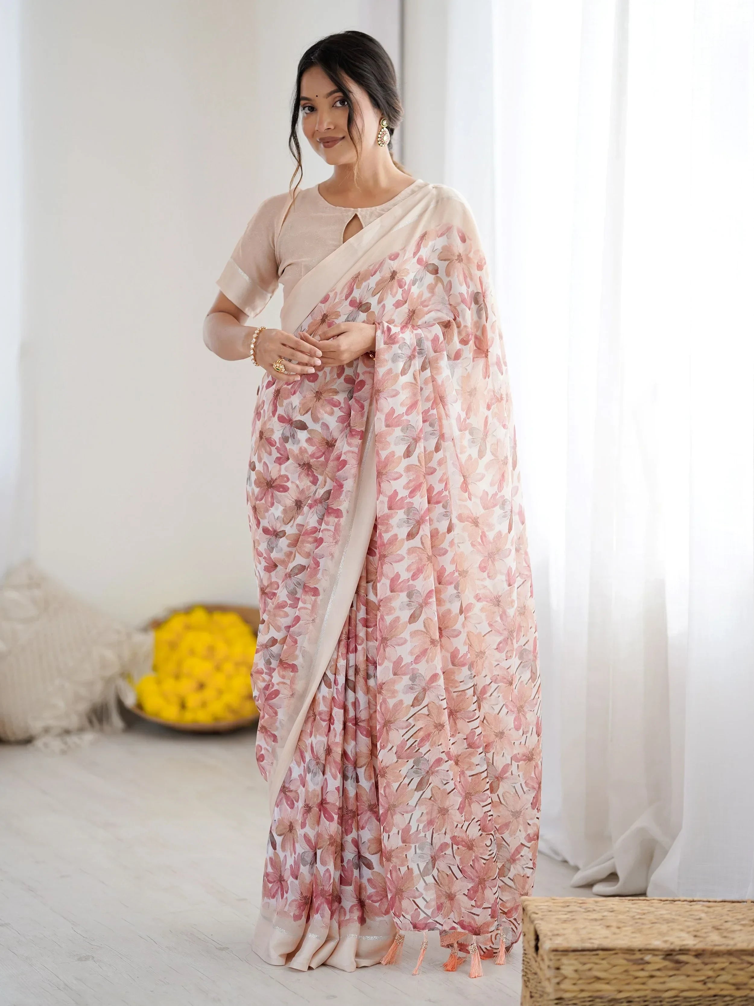 Peach Wonderful Floral Printed Satin Casual Wear Saree With Blouse