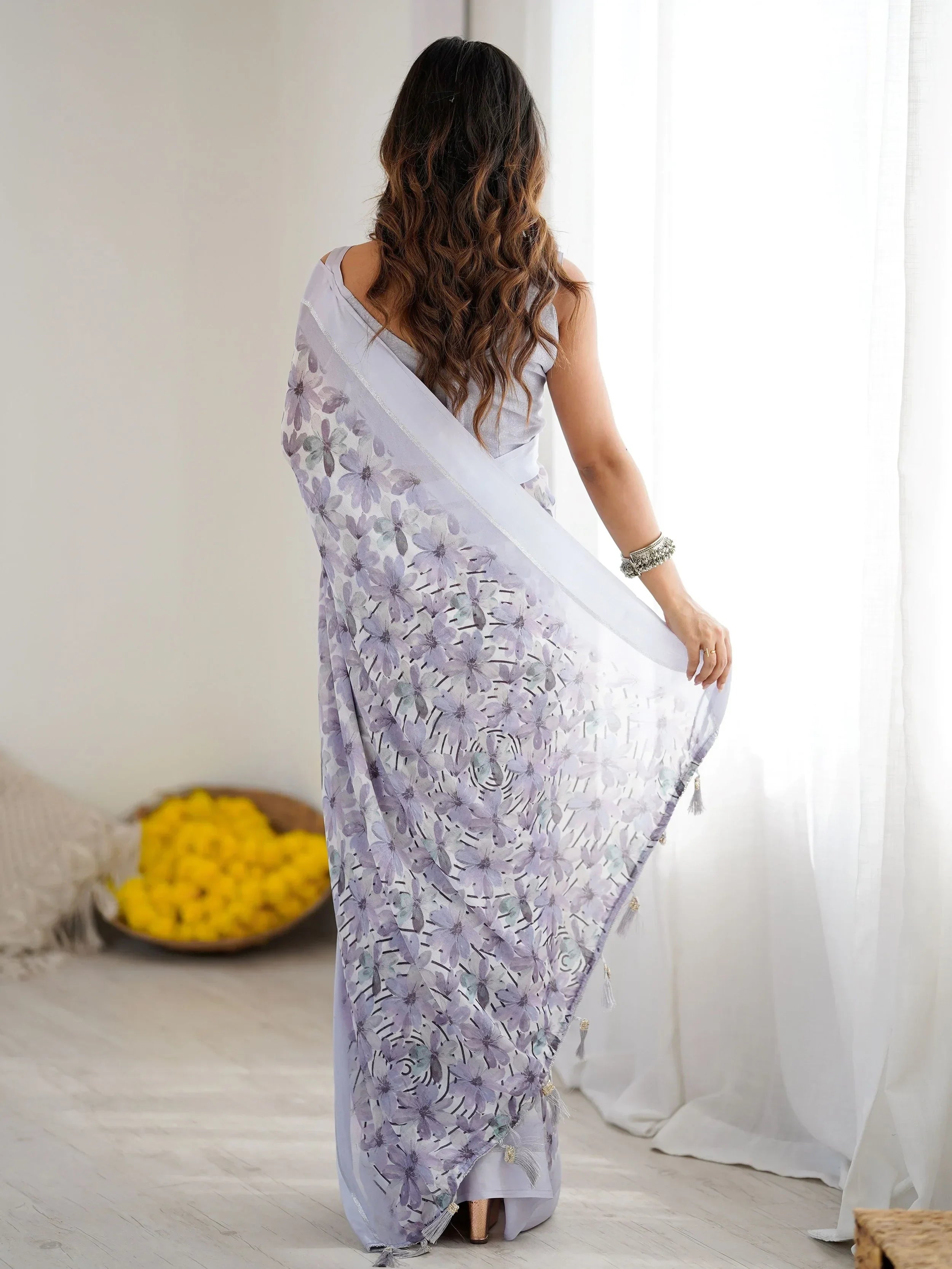 Lavender Wonderful Floral Printed Satin Casual Wear Saree With Blouse