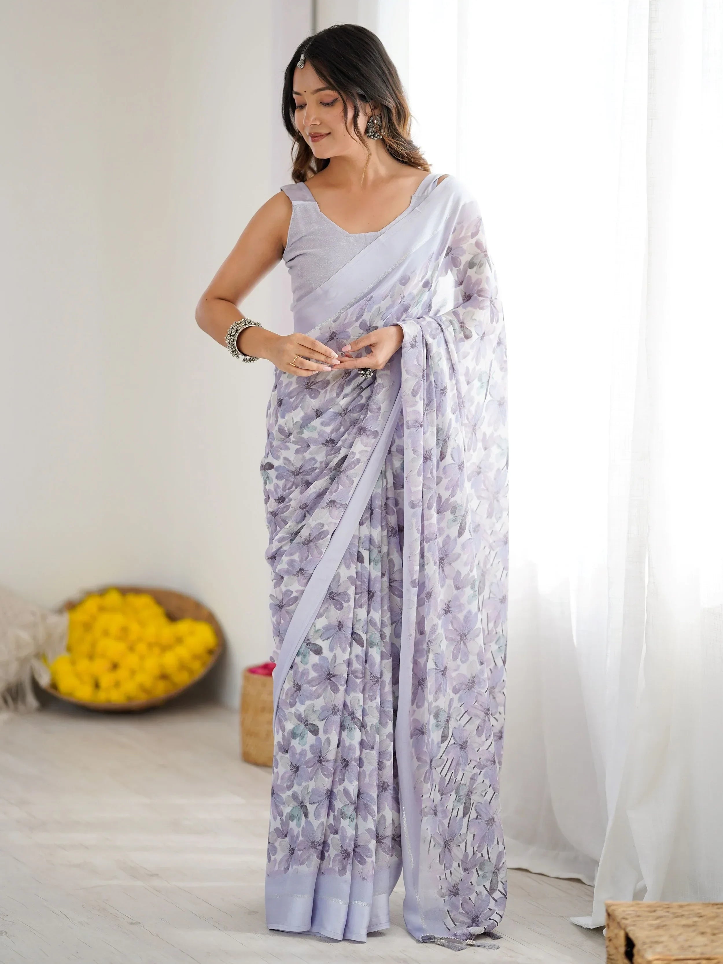 Lavender Wonderful Floral Printed Satin Casual Wear Saree With Blouse