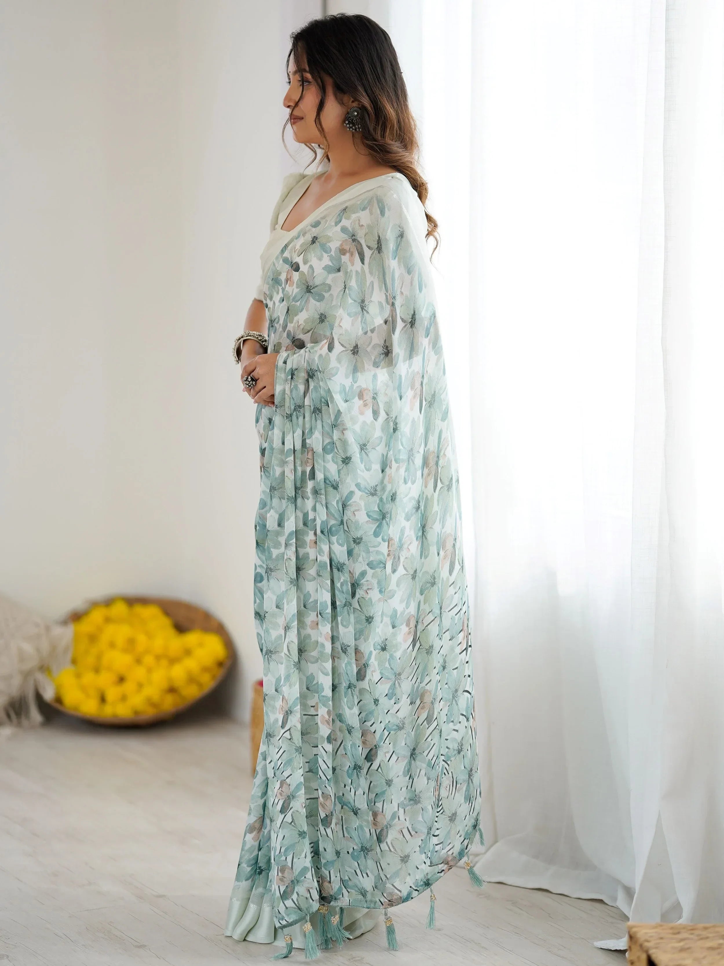 Green Wonderful Floral Printed Satin Casual Wear Saree With Blouse