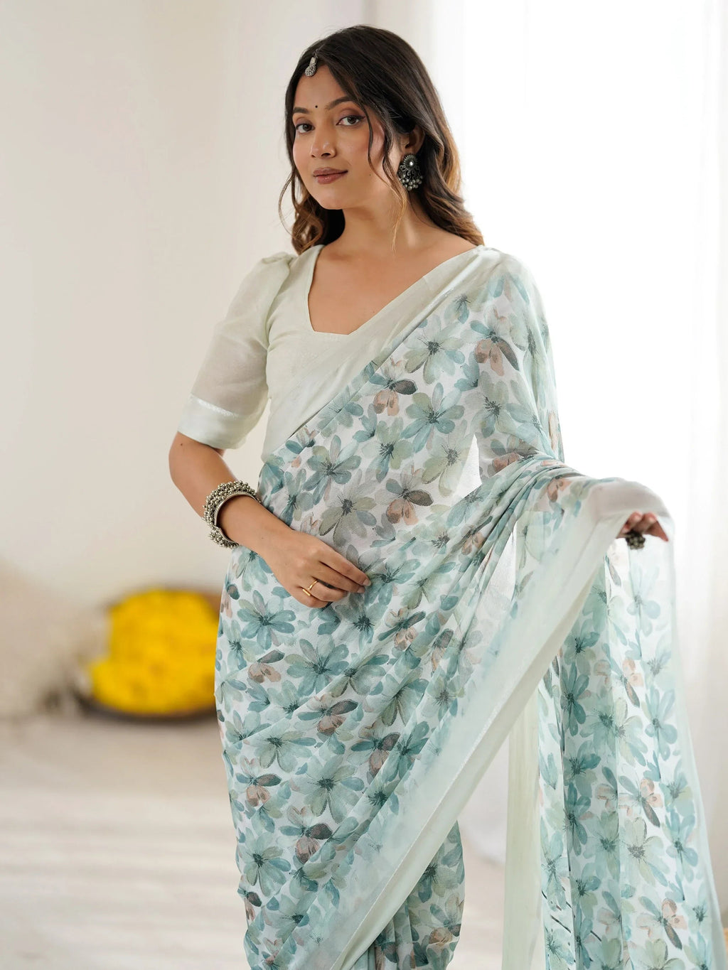 Green Wonderful Floral Printed Satin Casual Wear Saree With Blouse