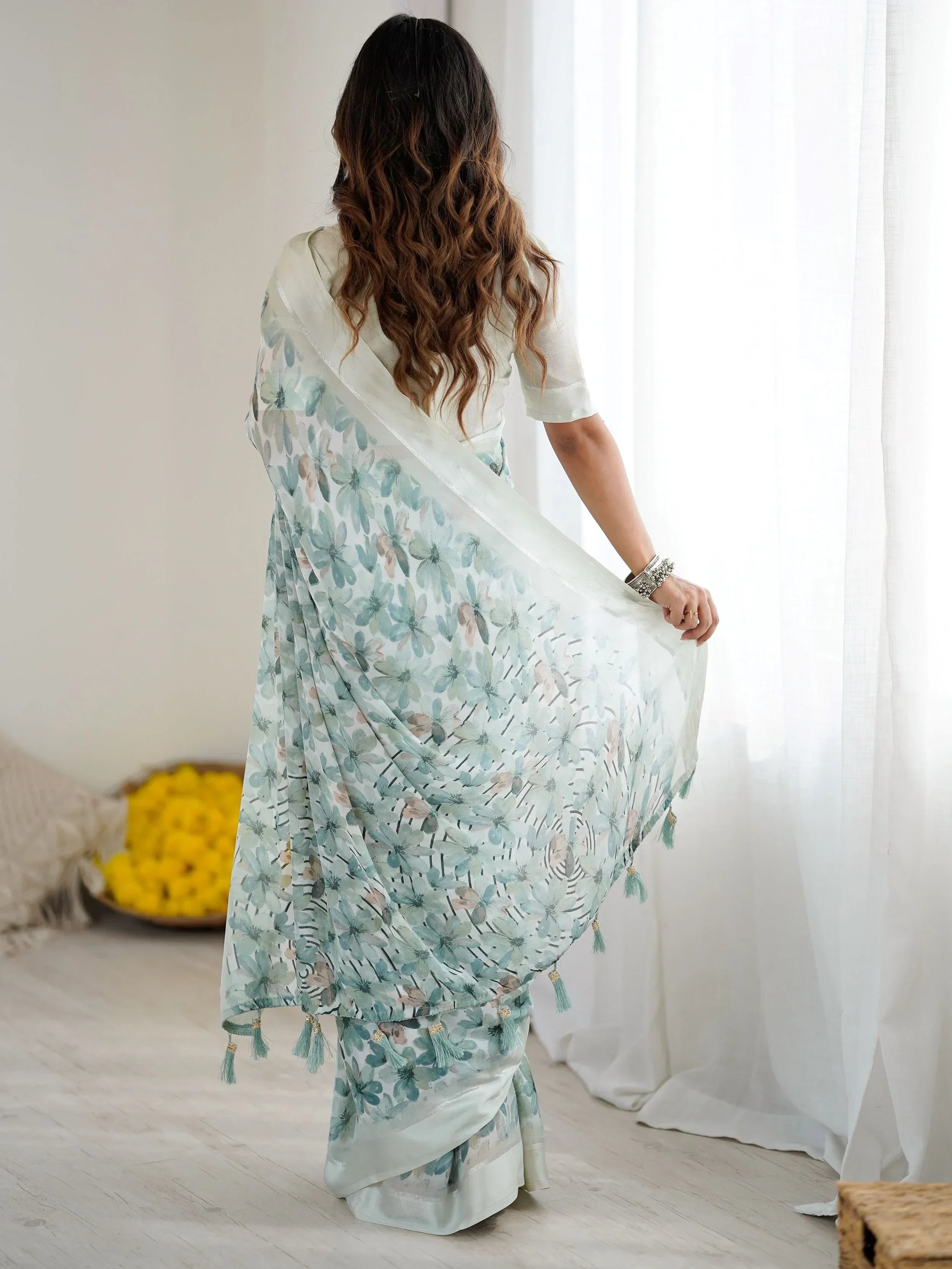 Green Wonderful Floral Printed Satin Casual Wear Saree With Blouse