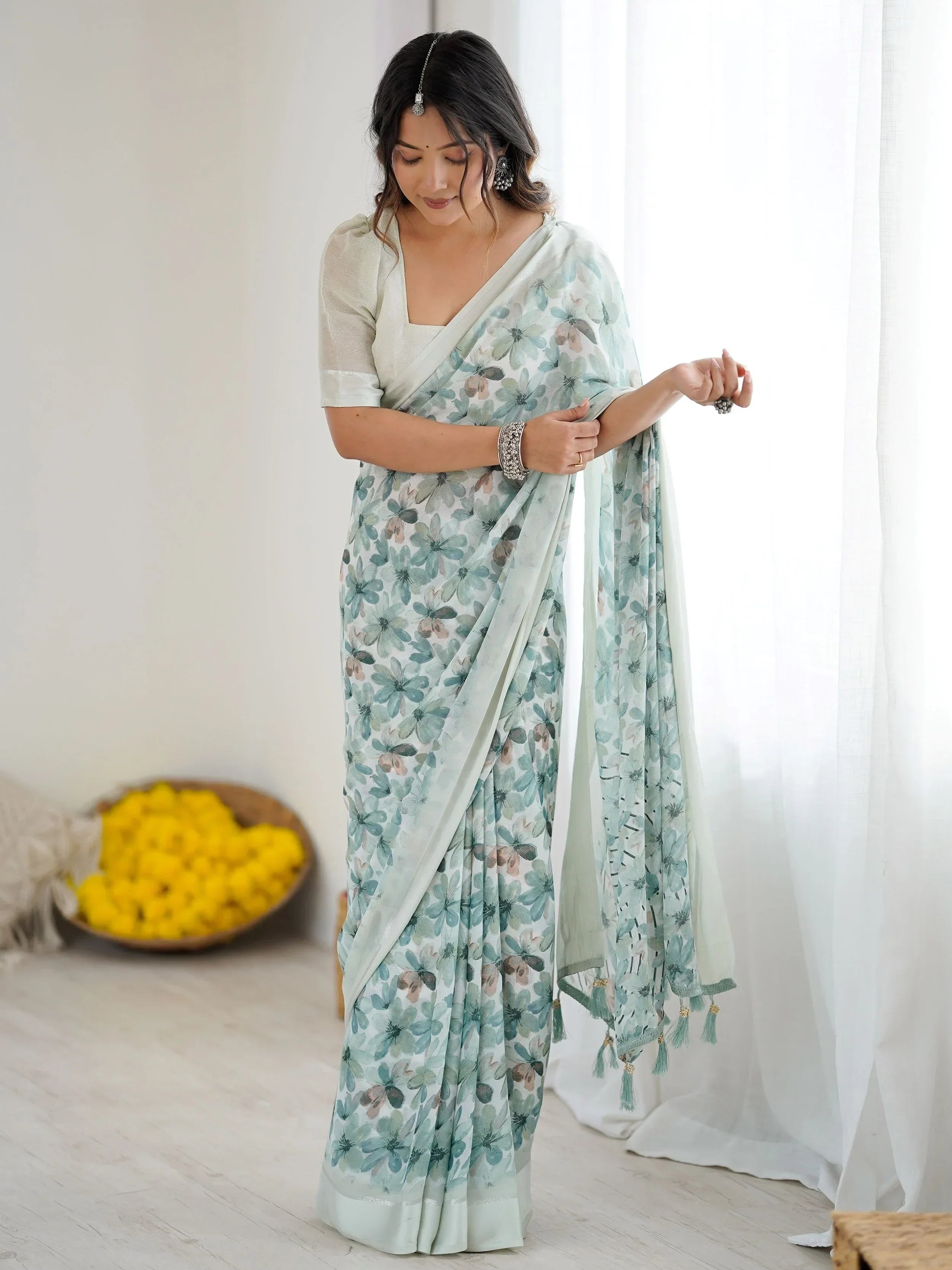 Green Wonderful Floral Printed Satin Casual Wear Saree With Blouse