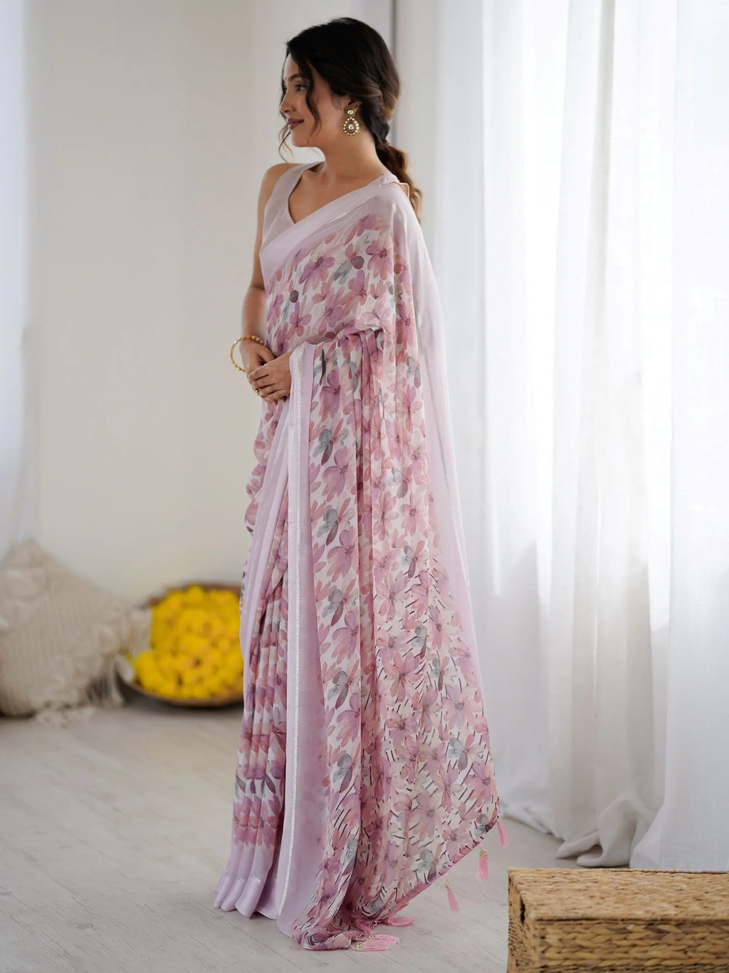 Purple Wonderful Floral Printed Satin Casual Wear Saree With Blouse