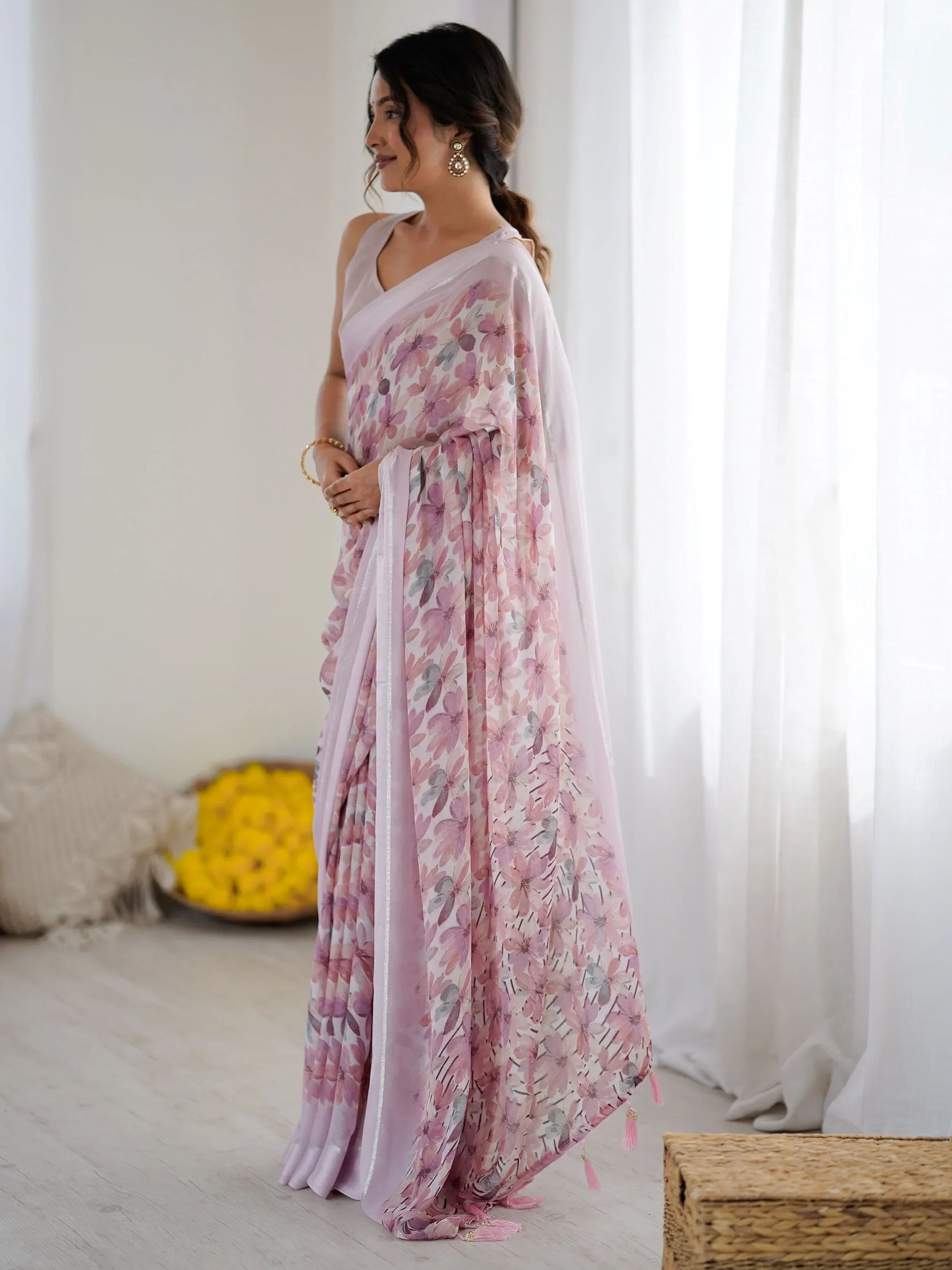 Purple Wonderful Floral Printed Satin Casual Wear Saree With Blouse
