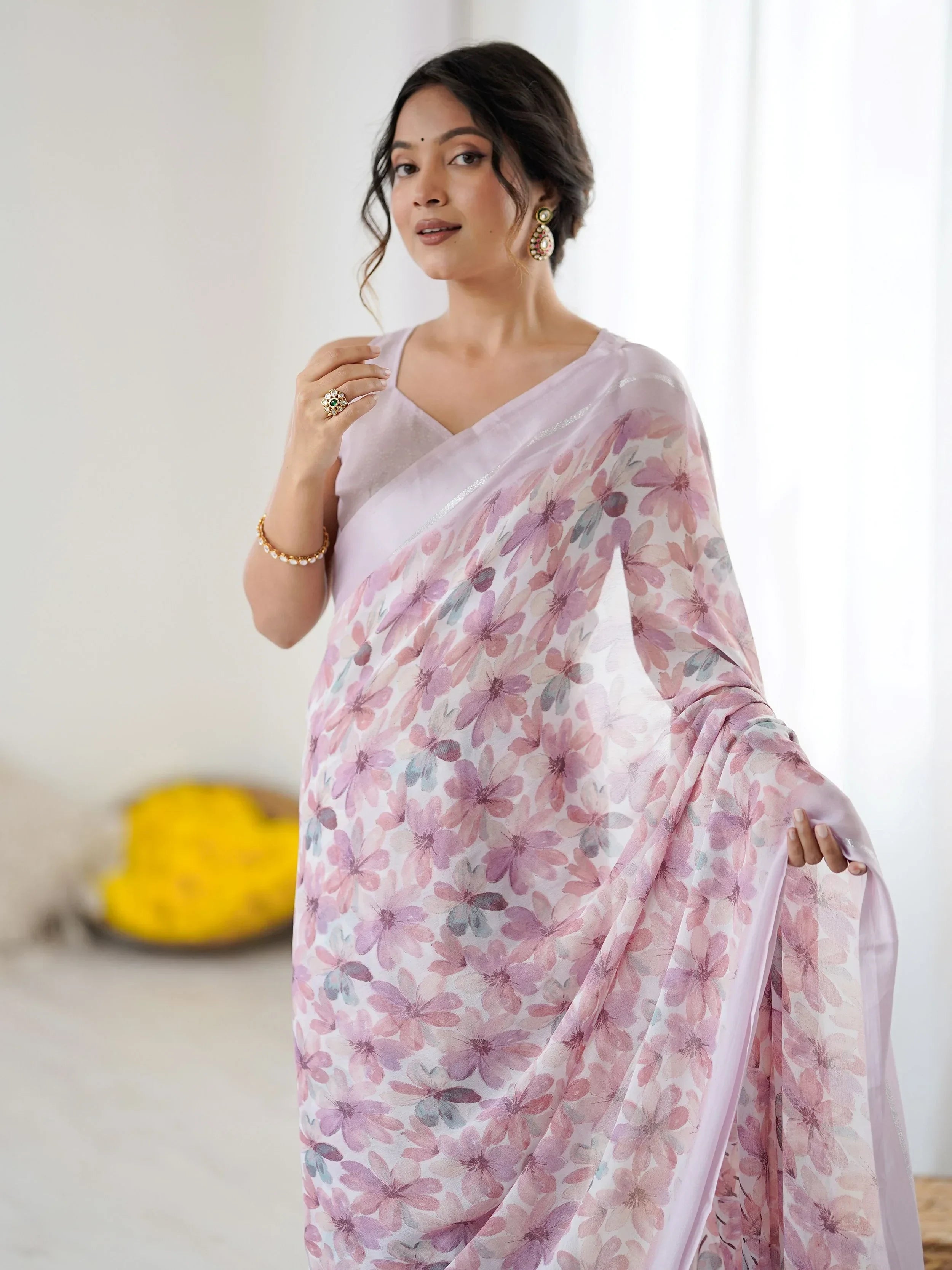 Purple Wonderful Floral Printed Satin Casual Wear Saree With Blouse
