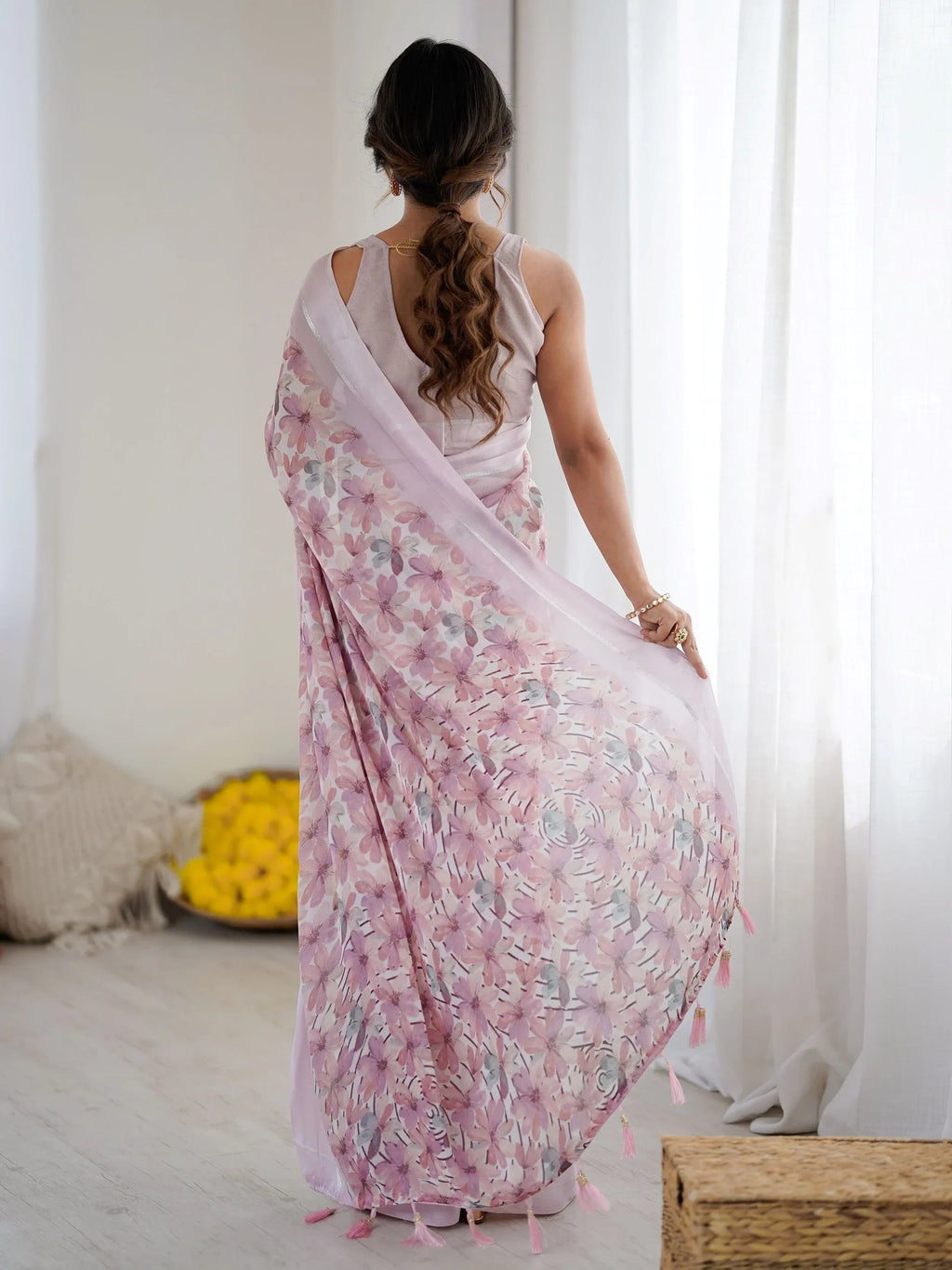 Purple Wonderful Floral Printed Satin Casual Wear Saree With Blouse