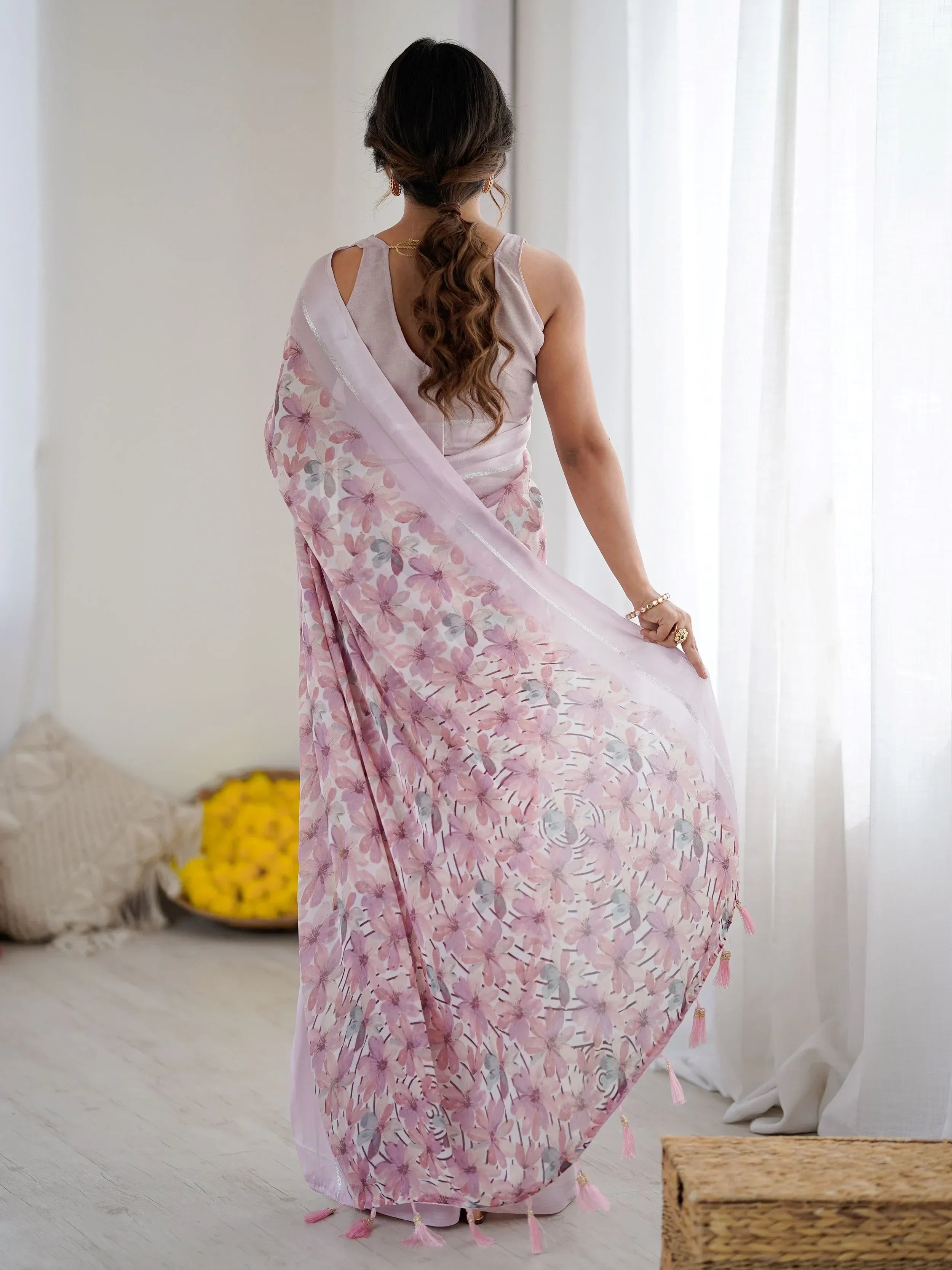 Purple Wonderful Floral Printed Satin Casual Wear Saree With Blouse