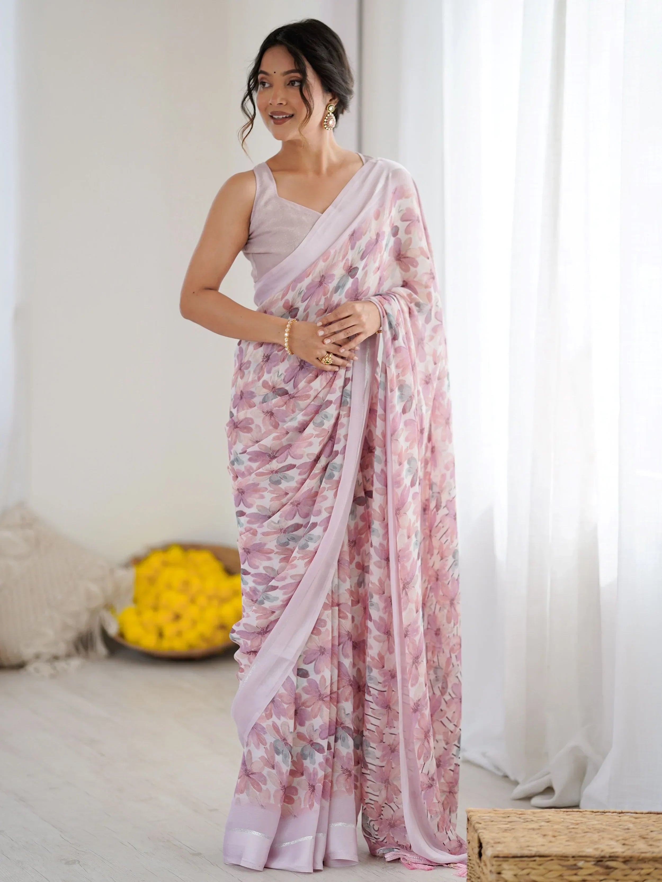Purple Wonderful Floral Printed Satin Casual Wear Saree With Blouse