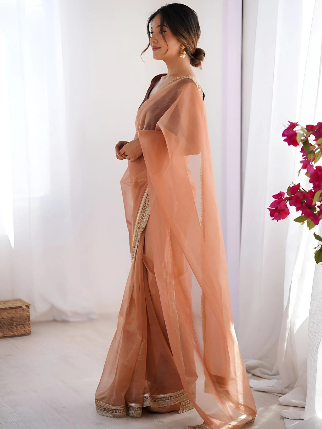 Orange Captivating Lace Work Net Party Wear Saree With Blouse