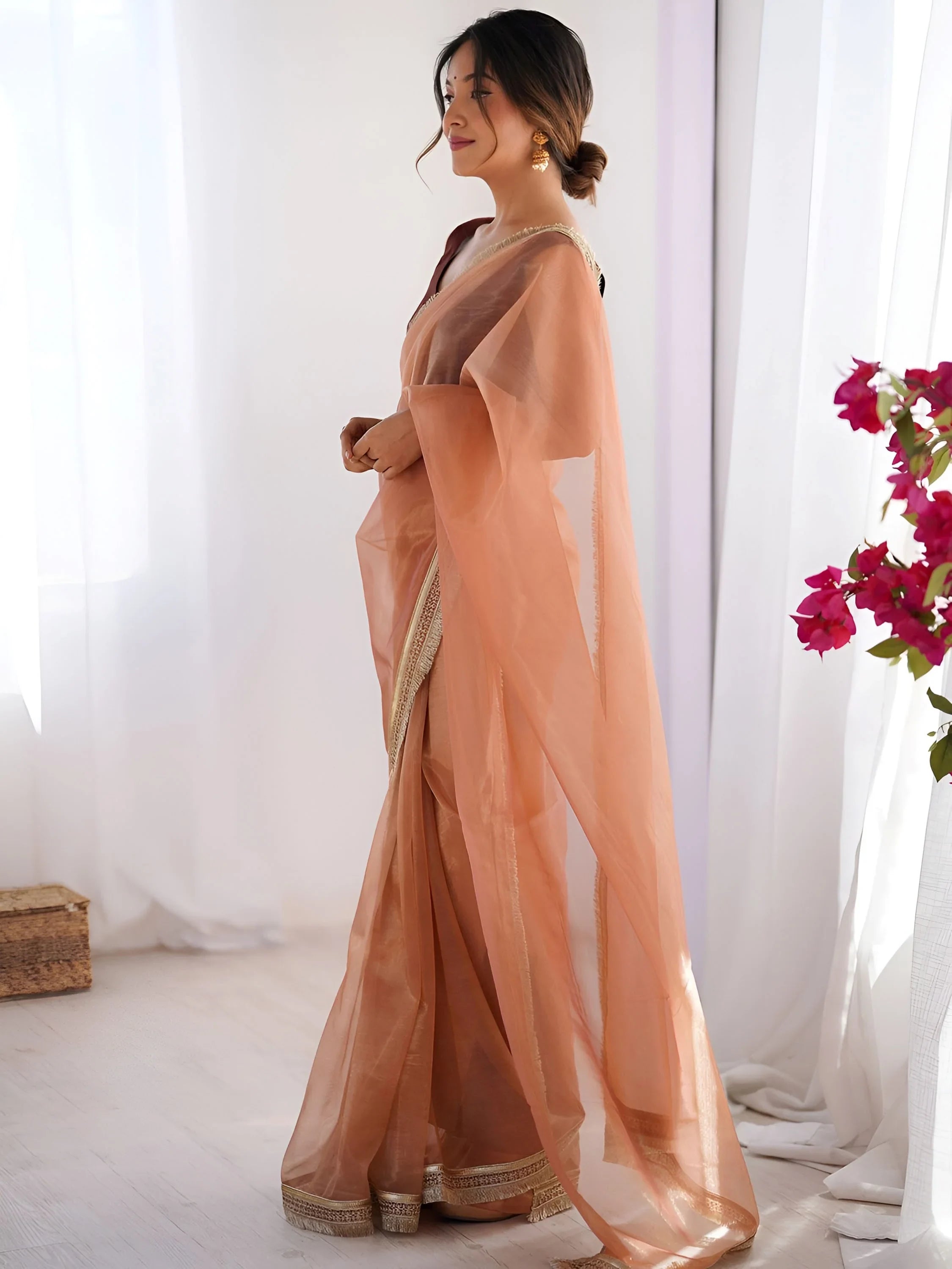 Orange Captivating Lace Work Net Party Wear Saree With Blouse
