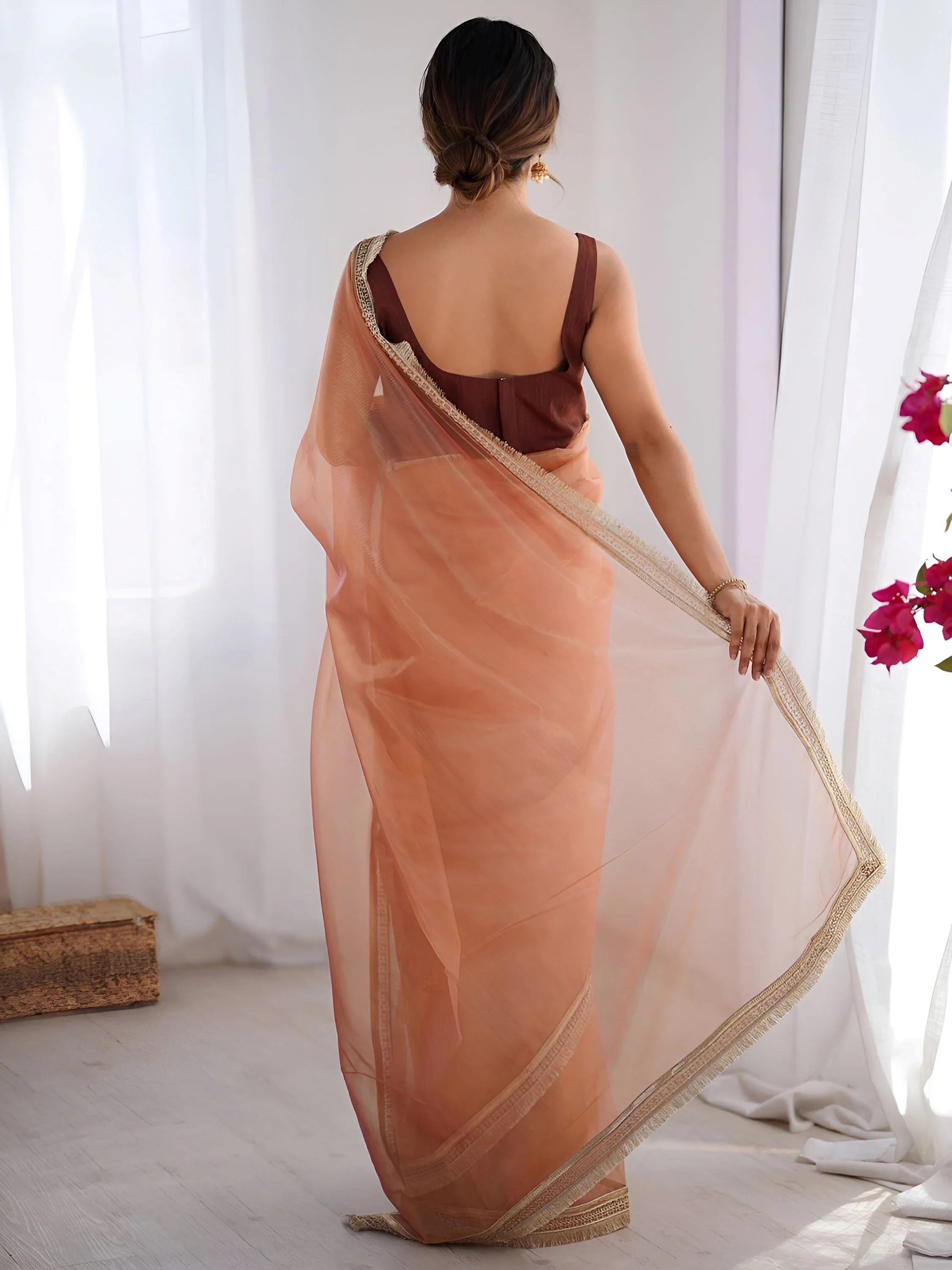 Orange Captivating Lace Work Net Party Wear Saree With Blouse