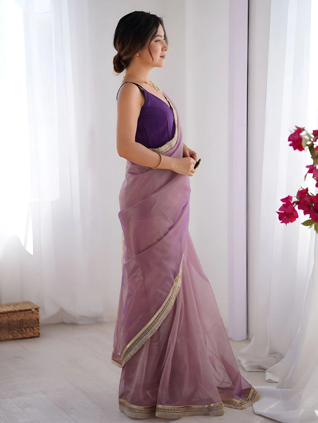 Lavender Captivating Lace Work Net Party Wear Saree With Blouse
