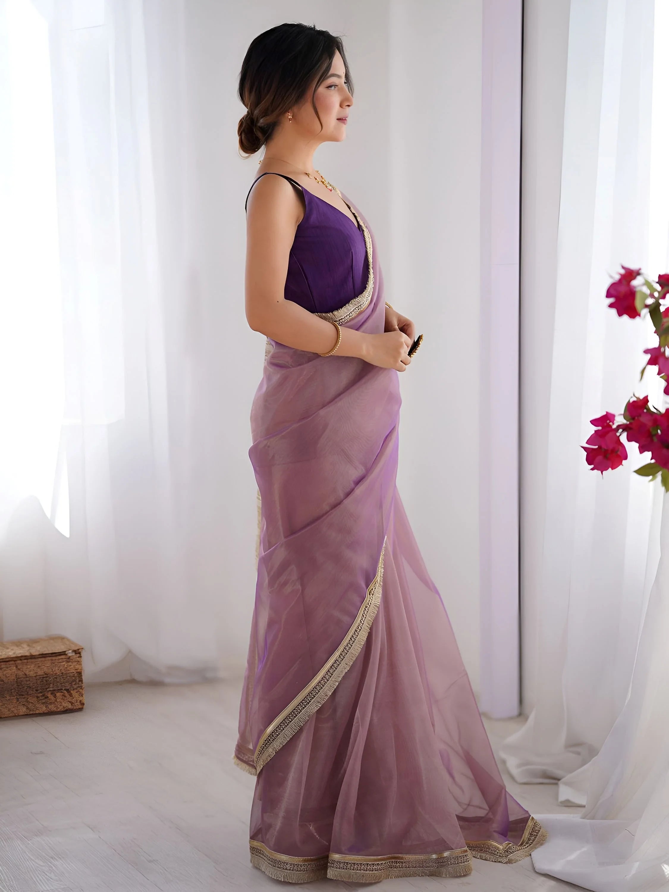 Lavender Captivating Lace Work Net Party Wear Saree With Blouse