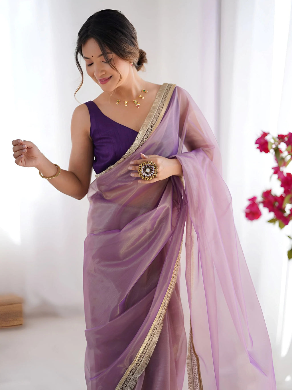 Lavender Captivating Lace Work Net Party Wear Saree With Blouse