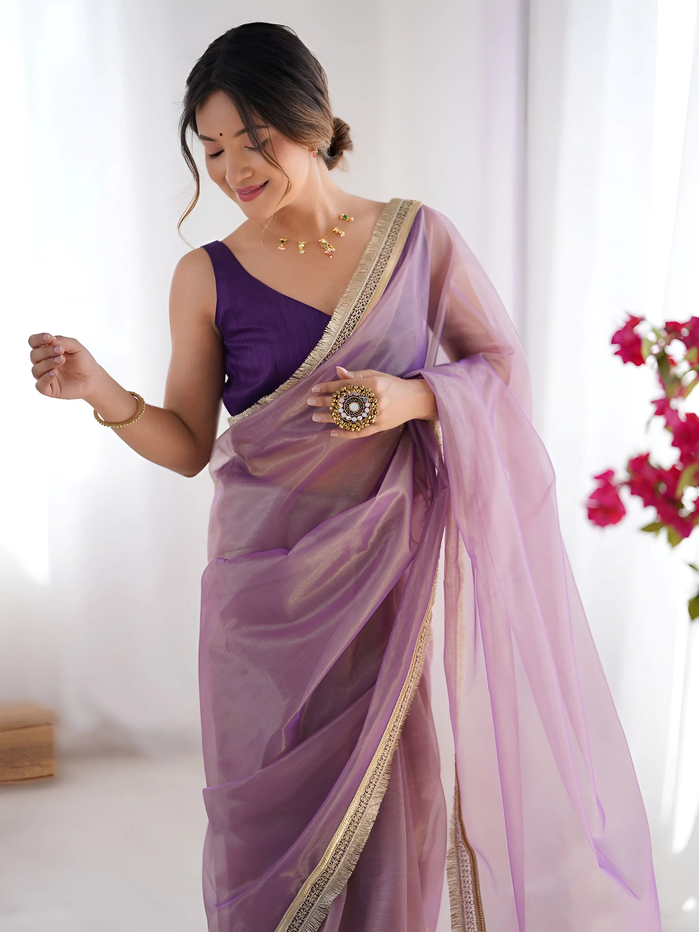 Lavender Captivating Lace Work Net Party Wear Saree With Blouse