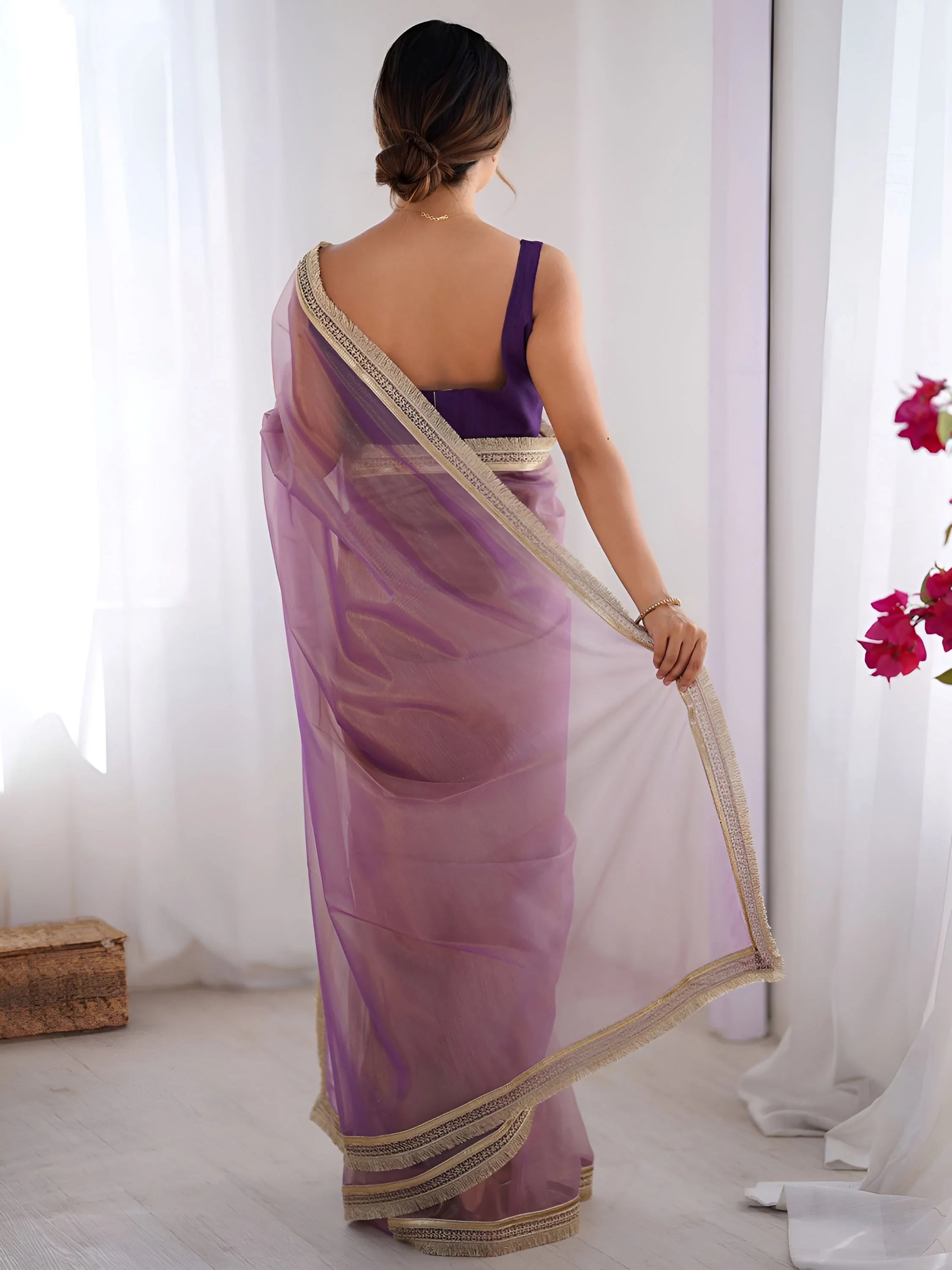 Lavender Captivating Lace Work Net Party Wear Saree With Blouse