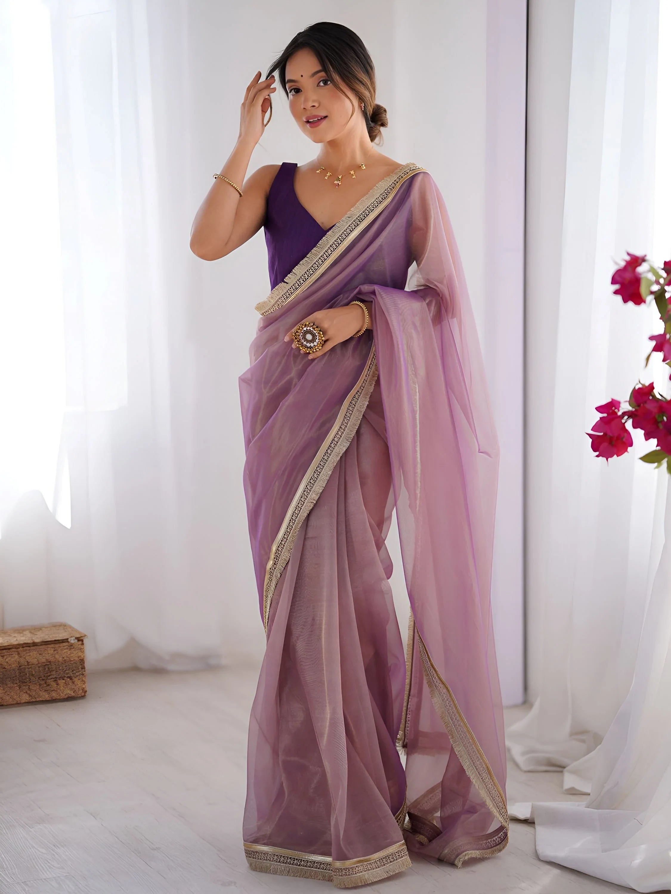 Lavender Captivating Lace Work Net Party Wear Saree With Blouse