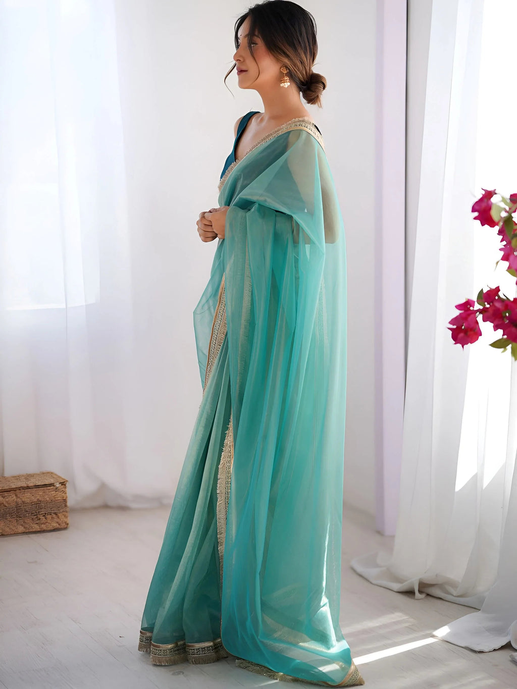Sky Blue Captivating Lace Work Net Party Wear Saree With Blouse