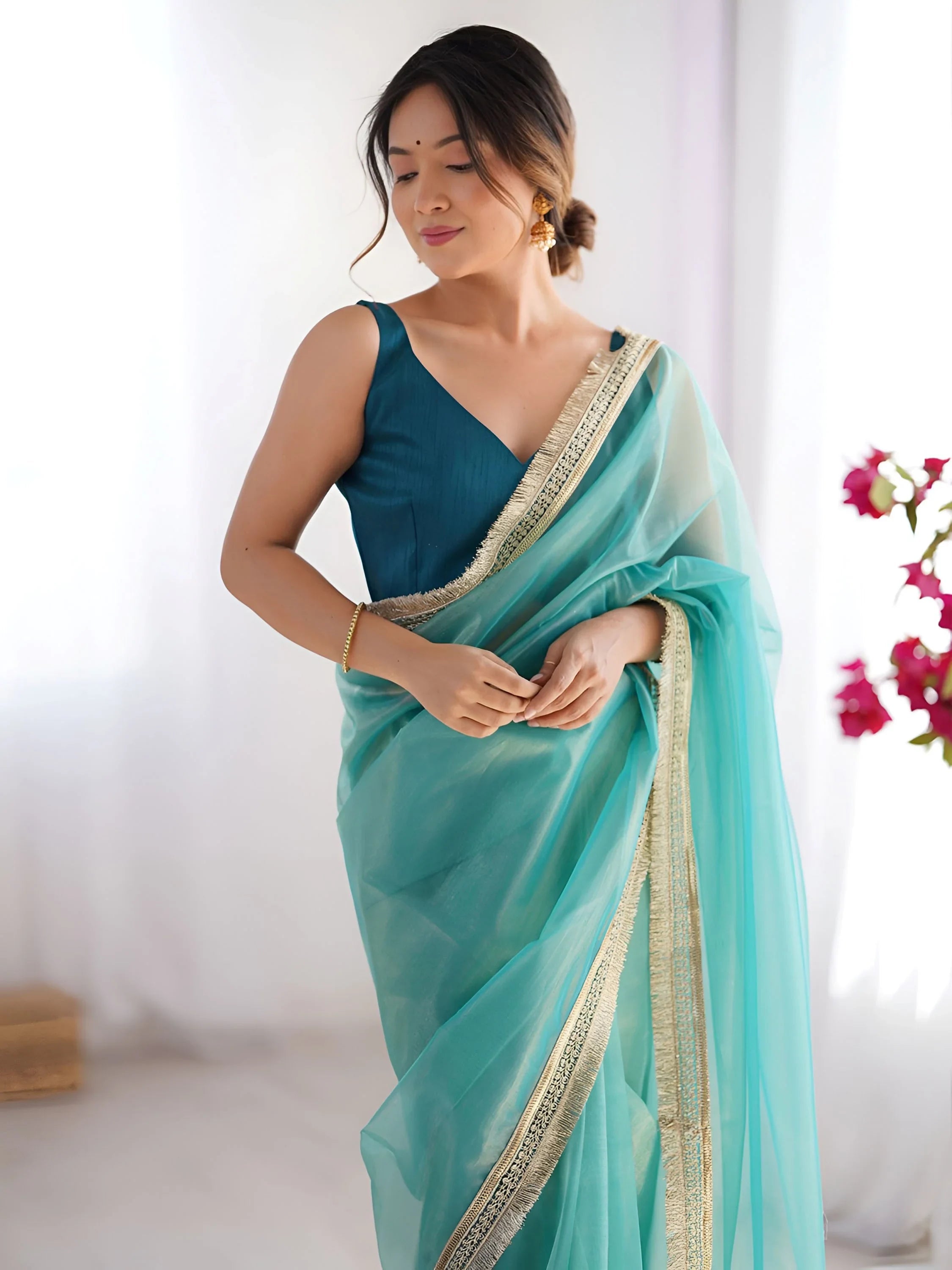 Sky Blue Captivating Lace Work Net Party Wear Saree With Blouse