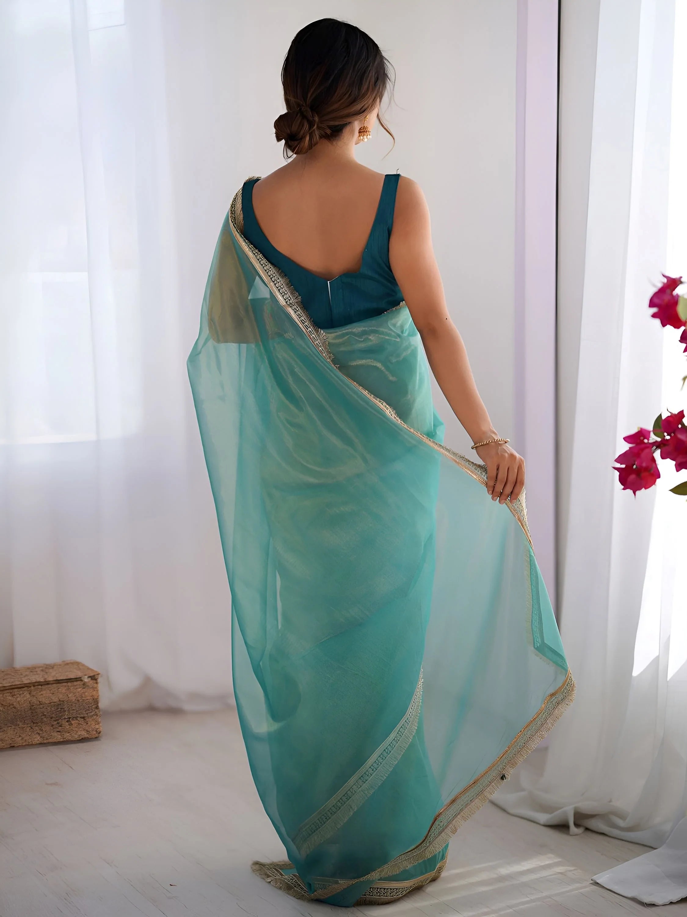 Sky Blue Captivating Lace Work Net Party Wear Saree With Blouse