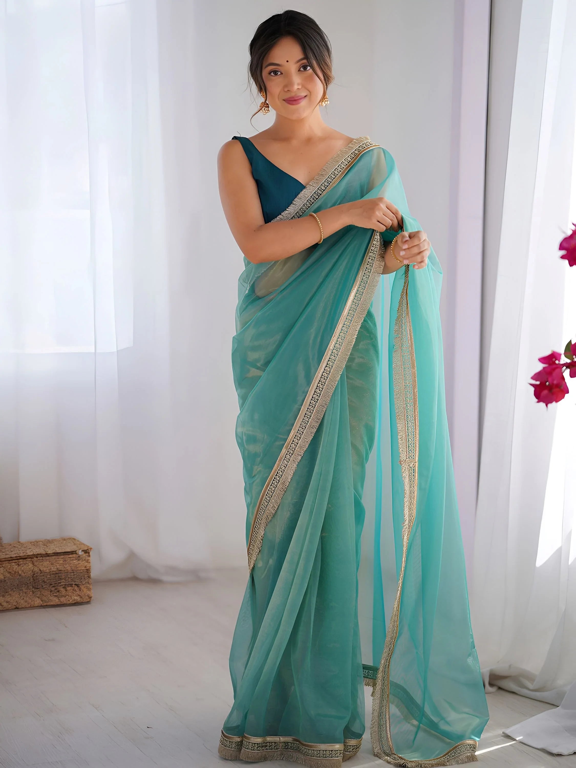 Sky Blue Captivating Lace Work Net Party Wear Saree With Blouse