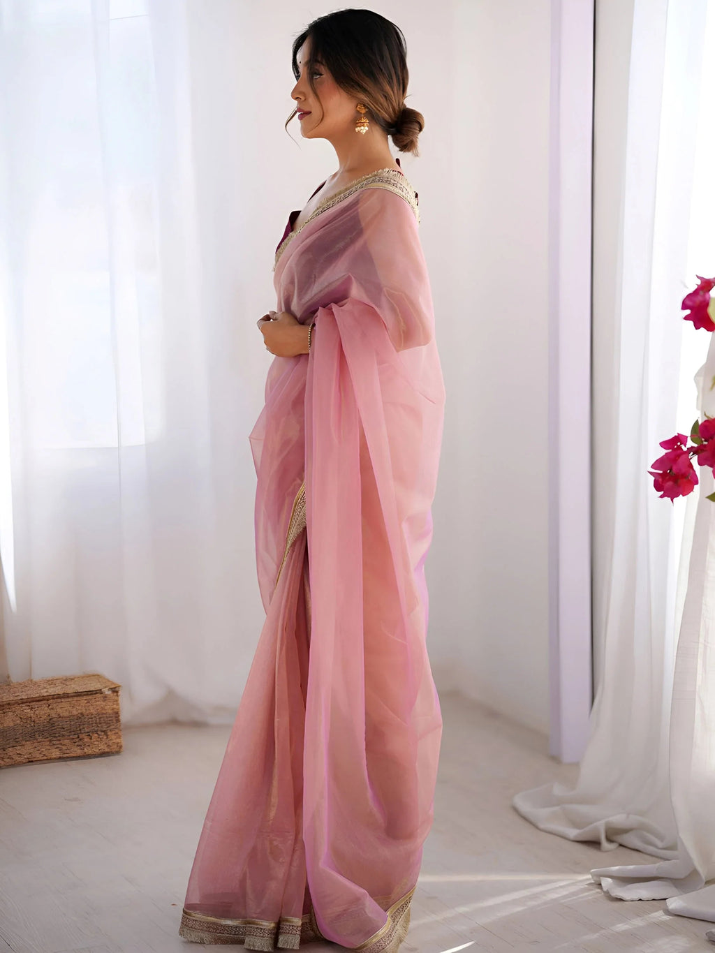 Pink Captivating Lace Work Net Party Wear Saree With Blouse