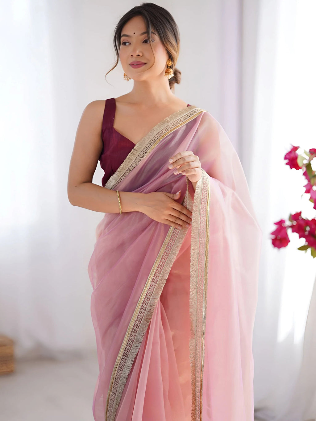Pink Captivating Lace Work Net Party Wear Saree With Blouse