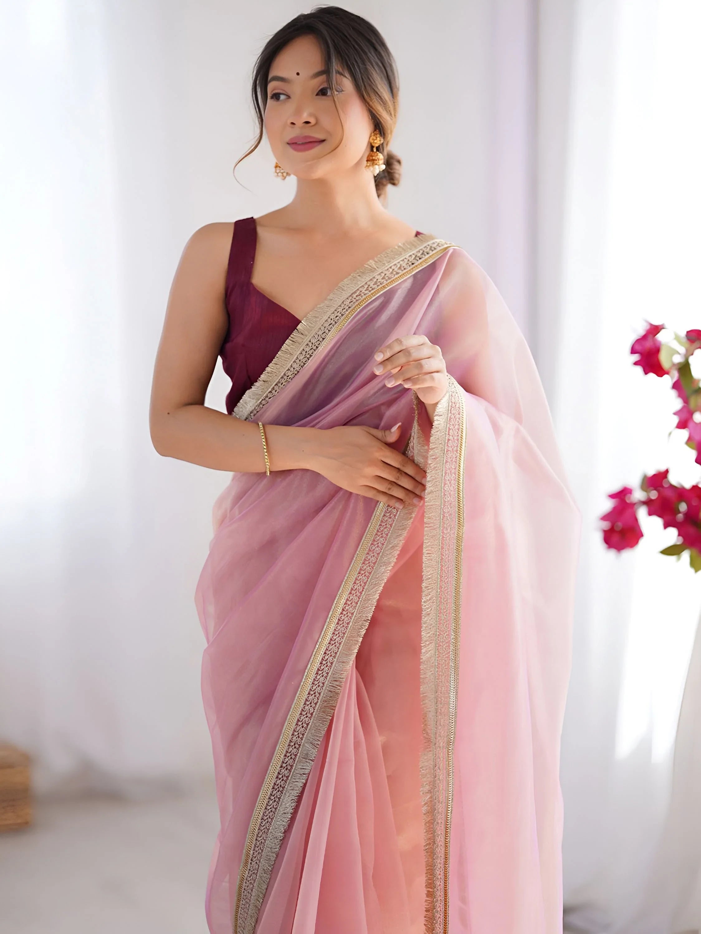 Pink Captivating Lace Work Net Party Wear Saree With Blouse