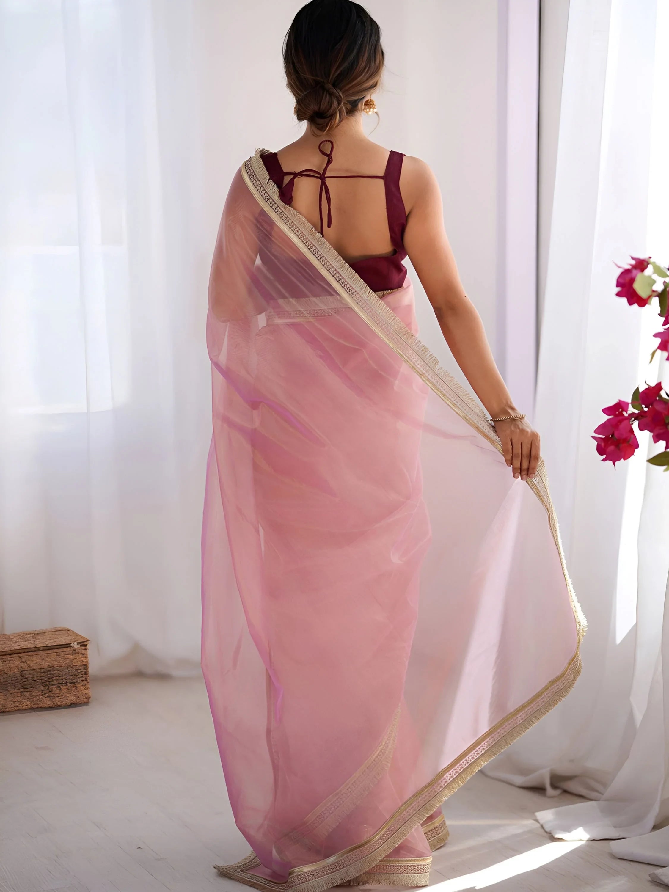 Pink Captivating Lace Work Net Party Wear Saree With Blouse
