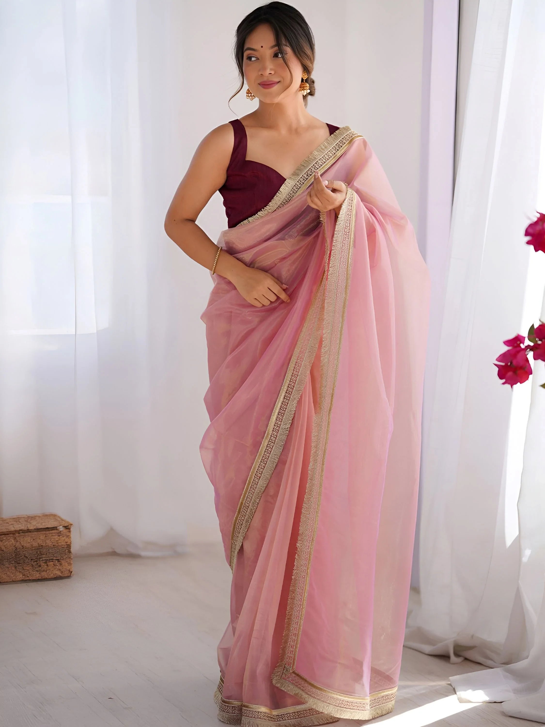 Pink Captivating Lace Work Net Party Wear Saree With Blouse