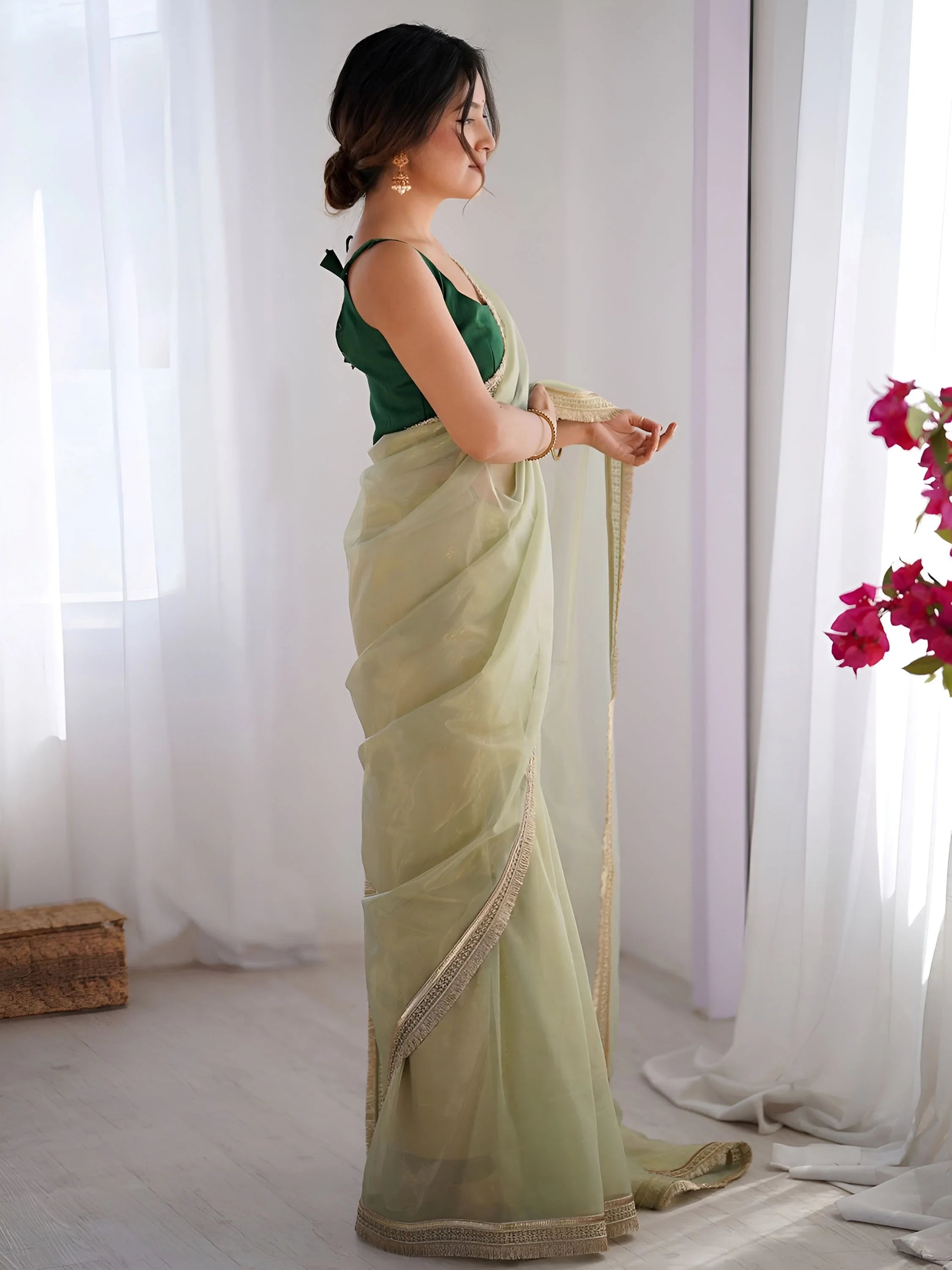 Green Captivating Lace Work Net Party Wear Saree With Blouse